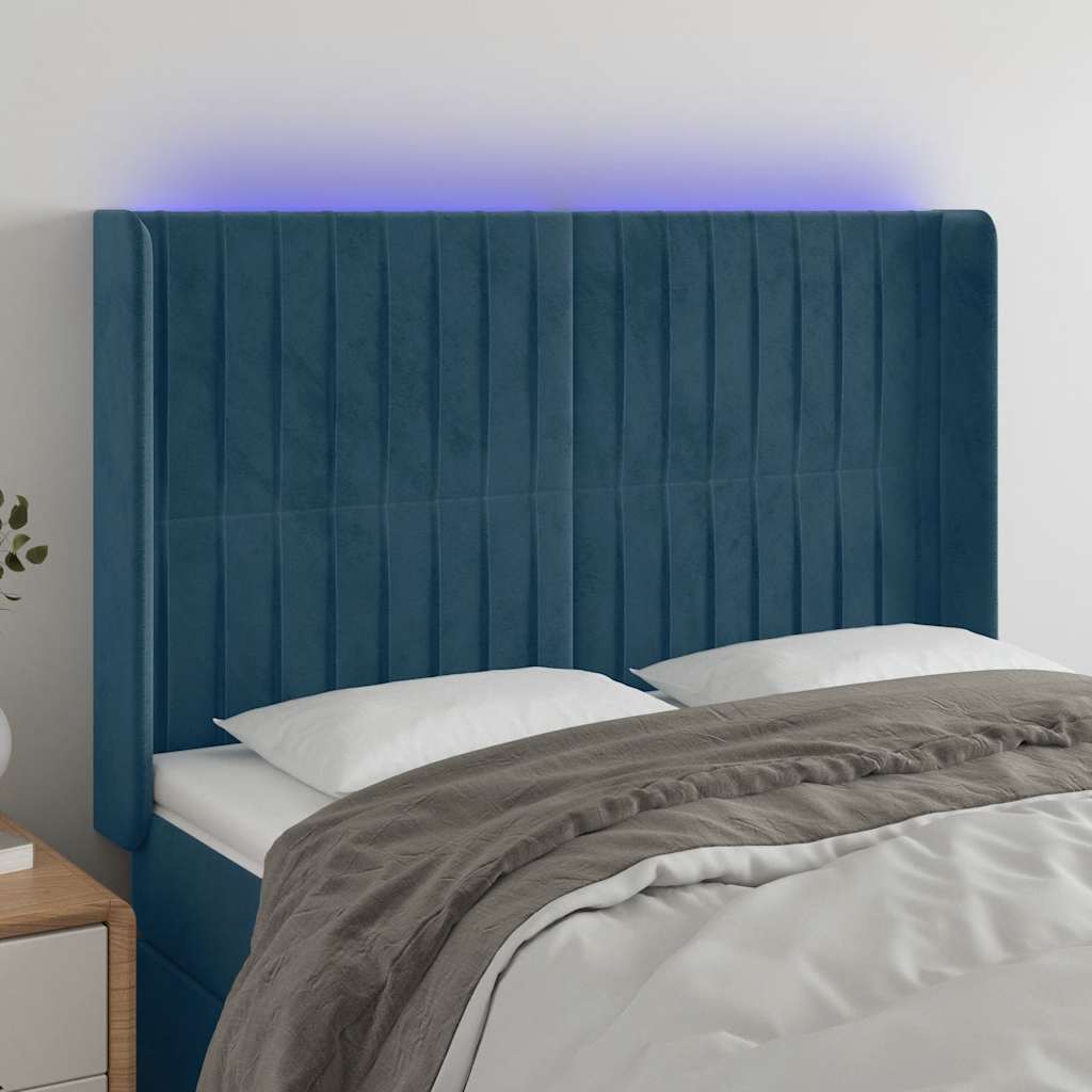 Cabeceira cama c/ luzes LED veludo 147x16x118/128cm azul-escuro