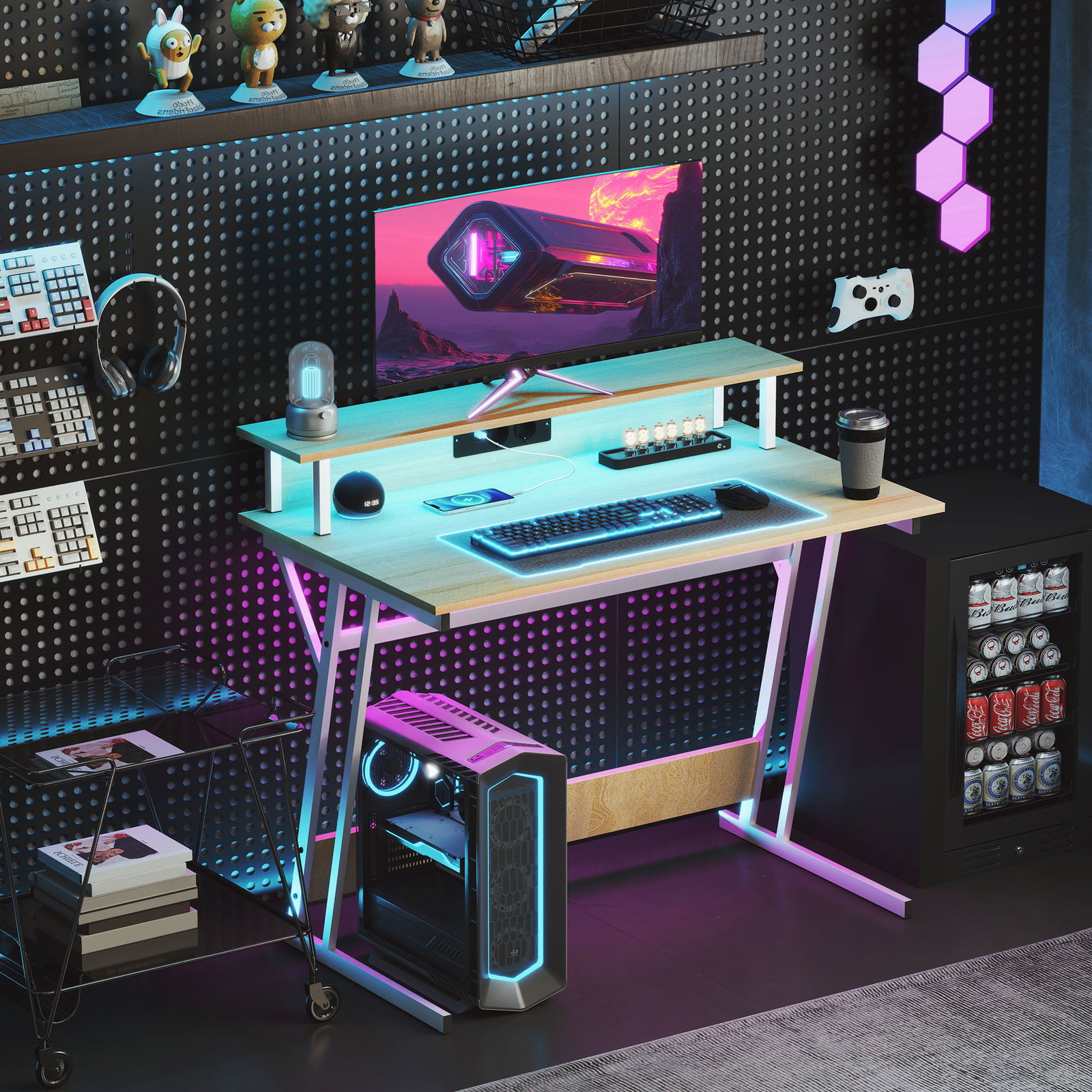 Secretária gaming com luzes LED 100x60x88,5 cm com tomadas de corrente suporte para monitor prateleiras e controlo remoto madeira