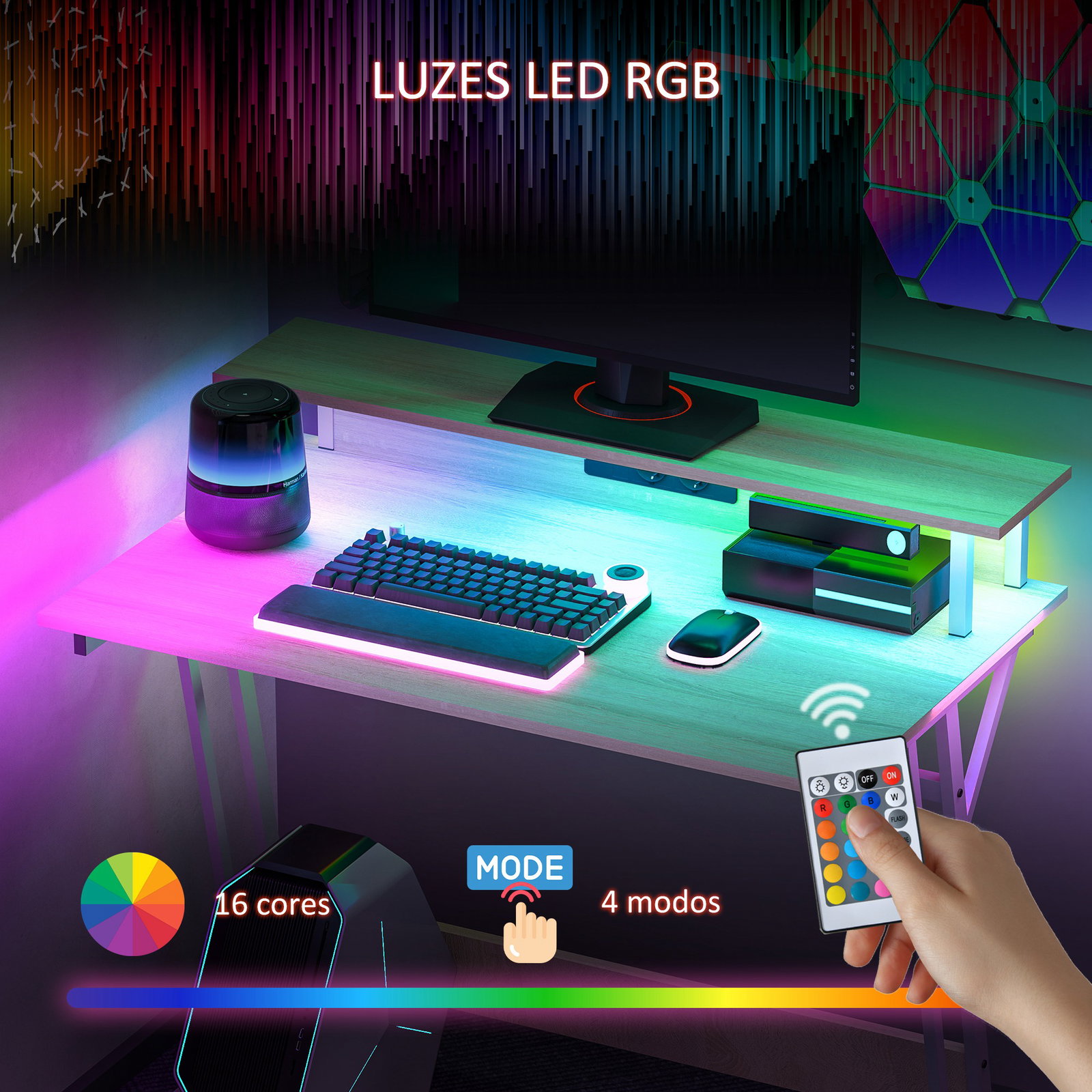 Secretária gaming com luzes LED 100x60x88,5 cm com tomadas de corrente suporte para monitor prateleiras e controlo remoto madeira