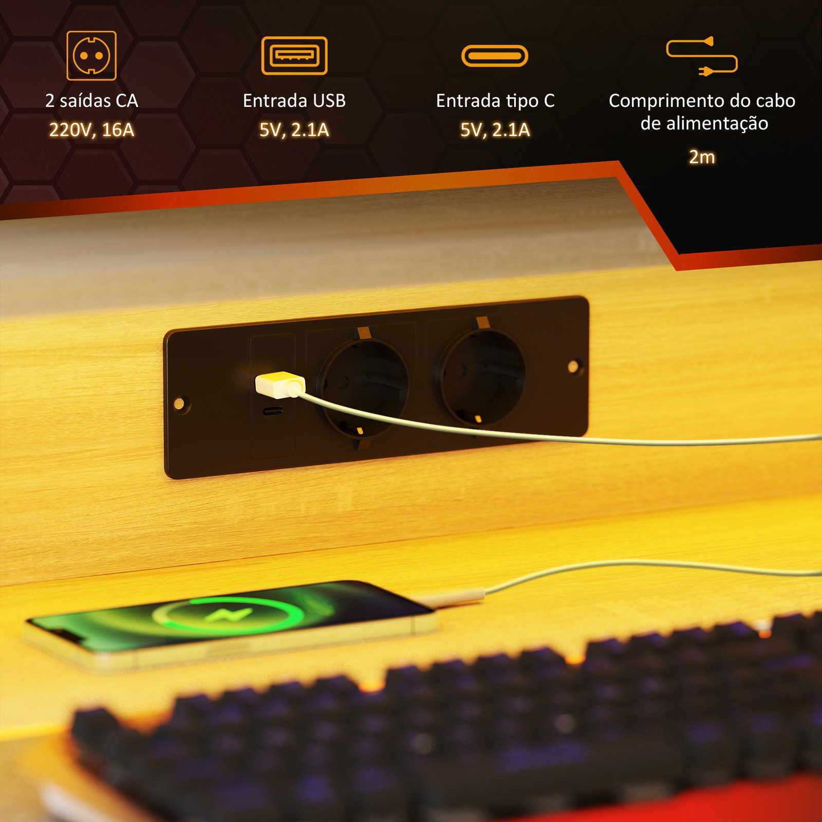 Secretária gaming com luzes LED 100x60x88,5 cm com tomadas de corrente suporte para monitor prateleiras e controlo remoto madeira
