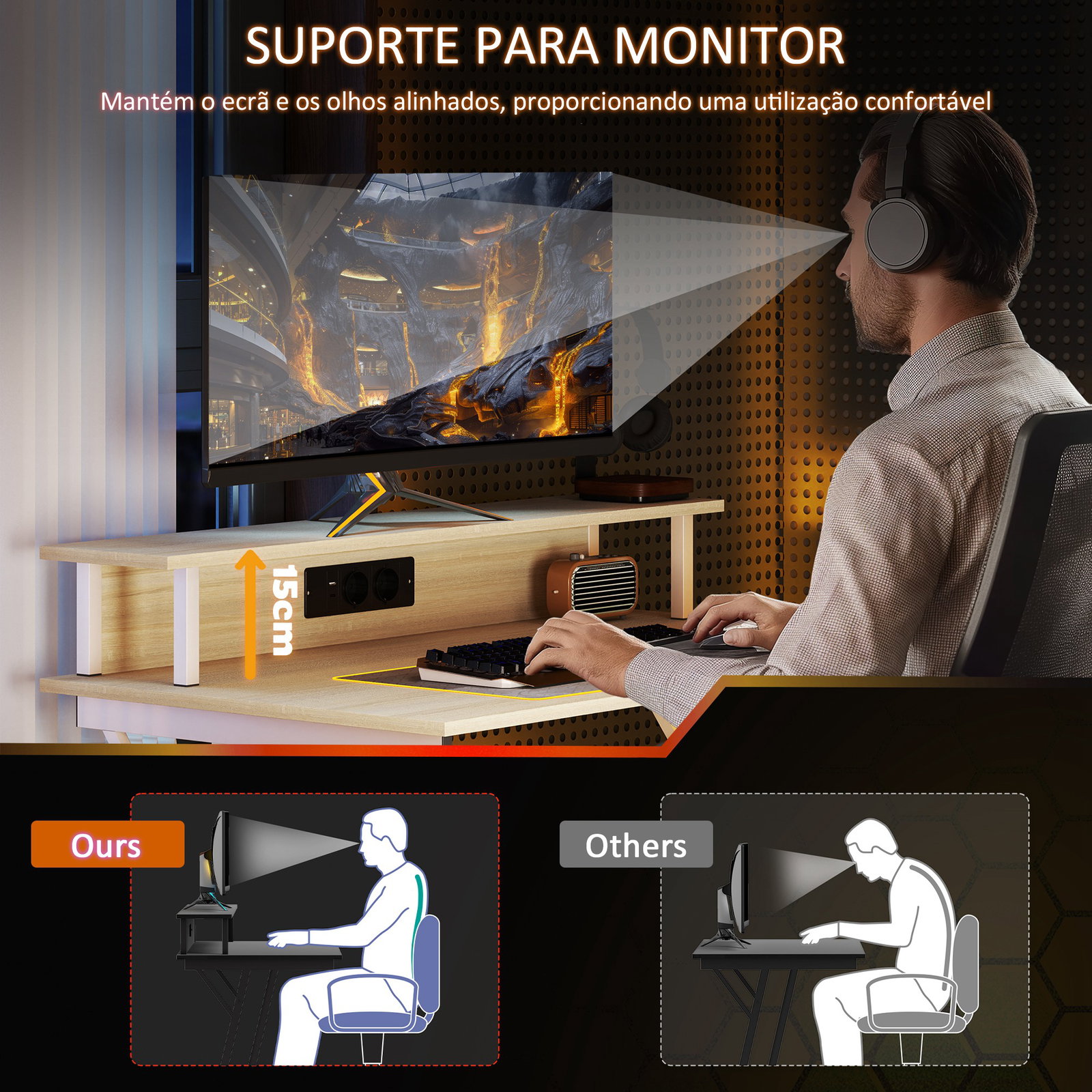 Secretária gaming com luzes LED 100x60x88,5 cm com tomadas de corrente suporte para monitor prateleiras e controlo remoto madeira