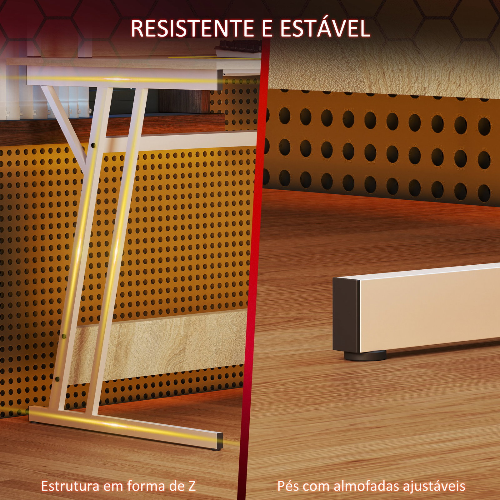 Secretária gaming com luzes LED 100x60x88,5 cm com tomadas de corrente suporte para monitor prateleiras e controlo remoto madeira
