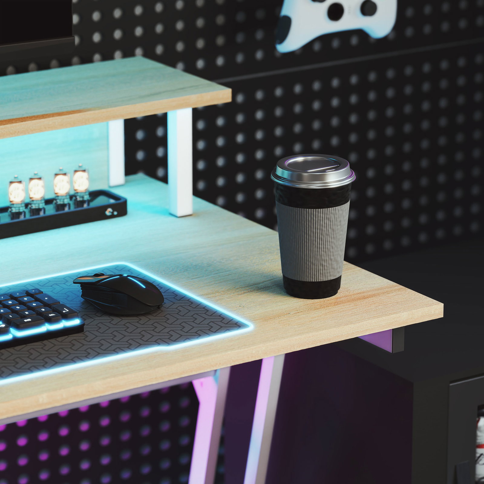 Secretária gaming com luzes LED 100x60x88,5 cm com tomadas de corrente suporte para monitor prateleiras e controlo remoto madeira