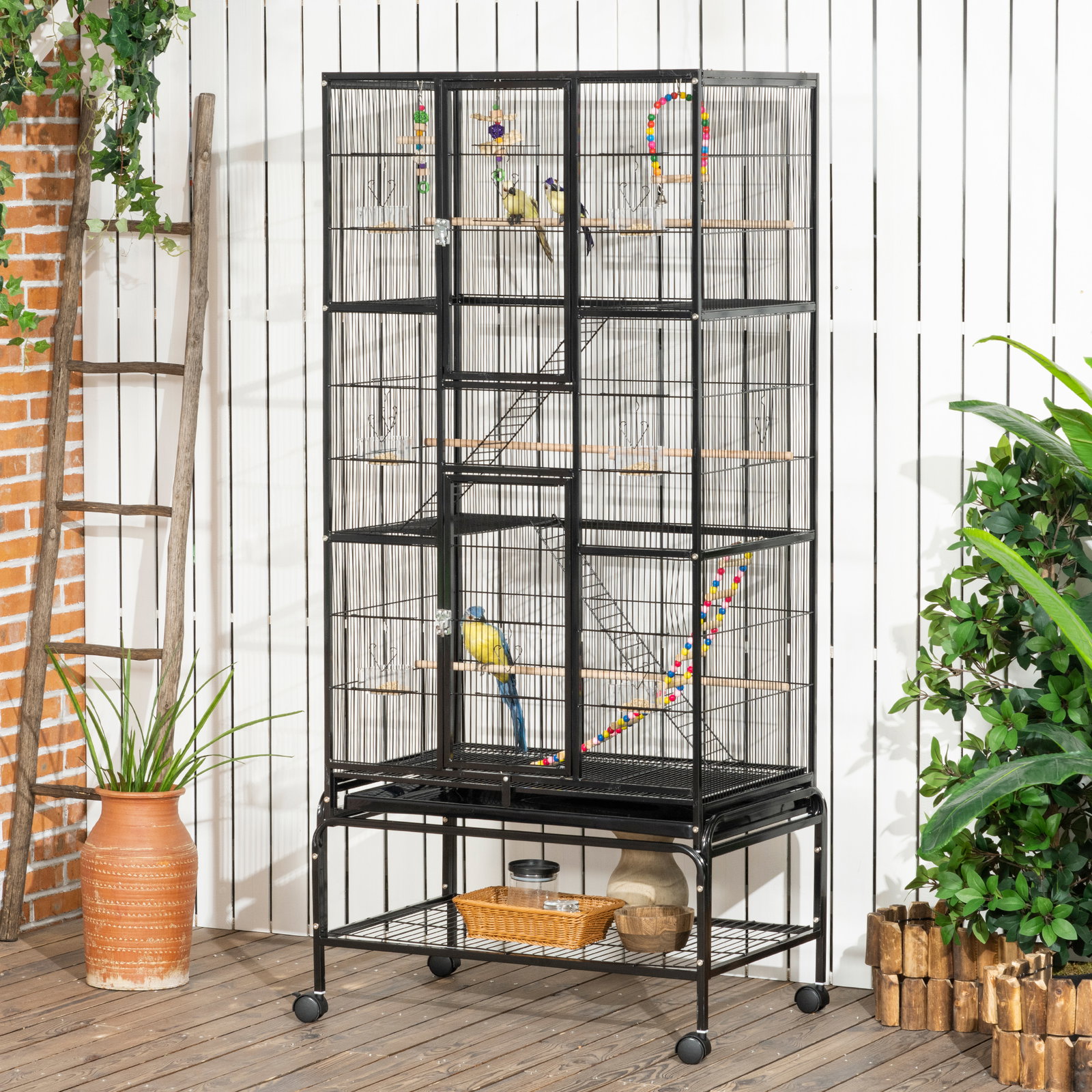 Gaiola para pássaros com rodas de 3 níveis com 3 poleiros comedouros brinquedos rampas e prateleira 83x53x180 cm preto