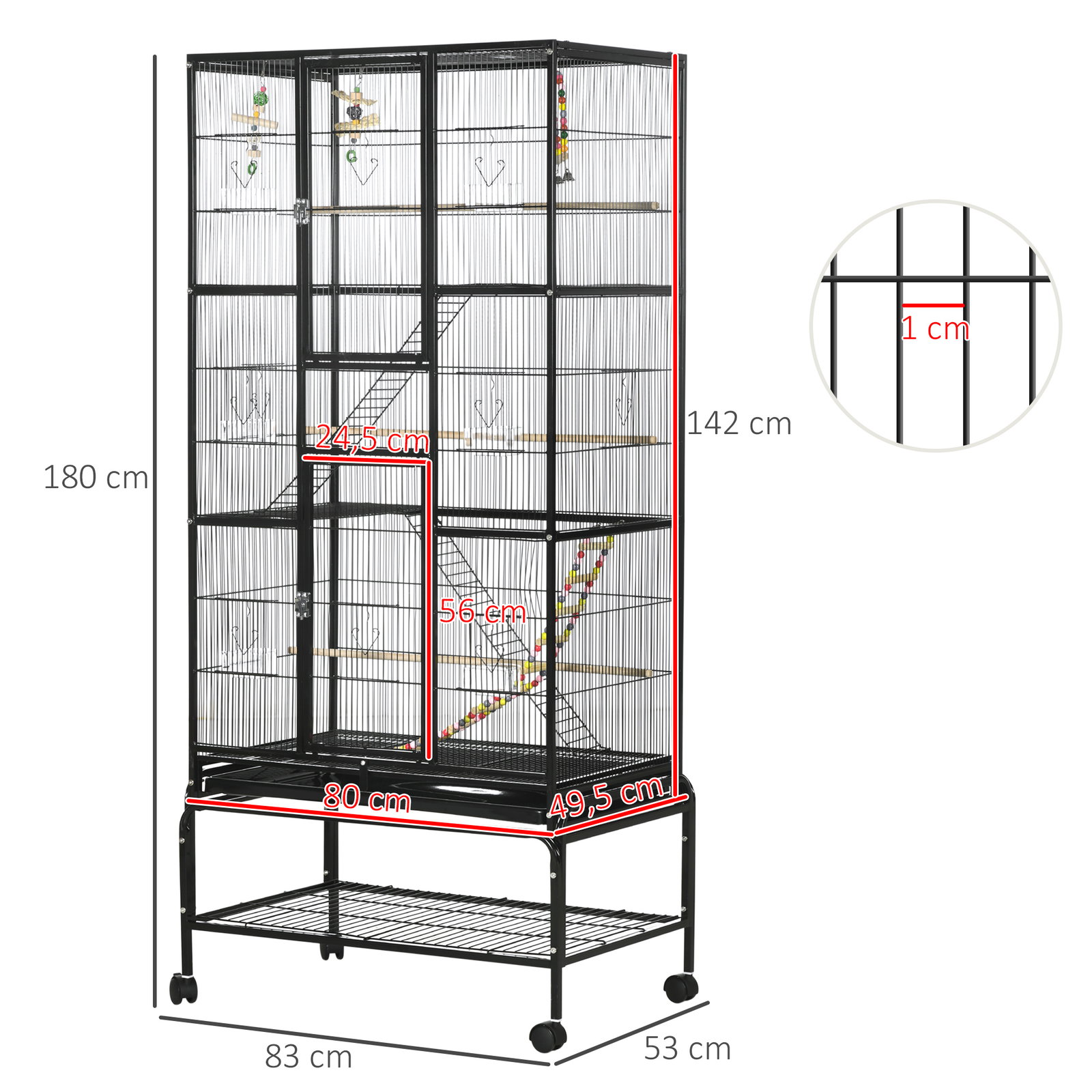 Gaiola para pássaros com rodas de 3 níveis com 3 poleiros comedouros brinquedos rampas e prateleira 83x53x180 cm preto