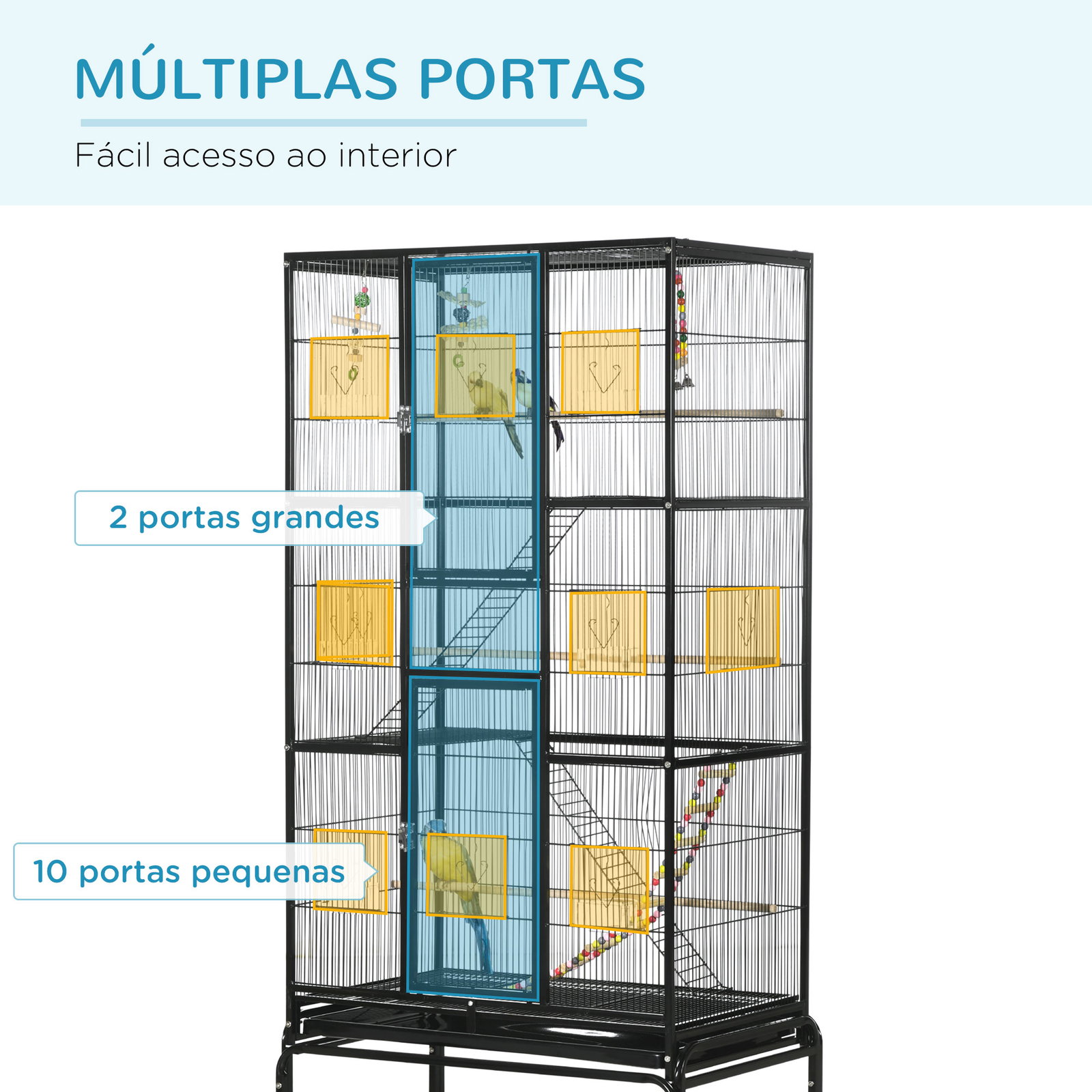 Gaiola para pássaros com rodas de 3 níveis com 3 poleiros comedouros brinquedos rampas e prateleira 83x53x180 cm preto