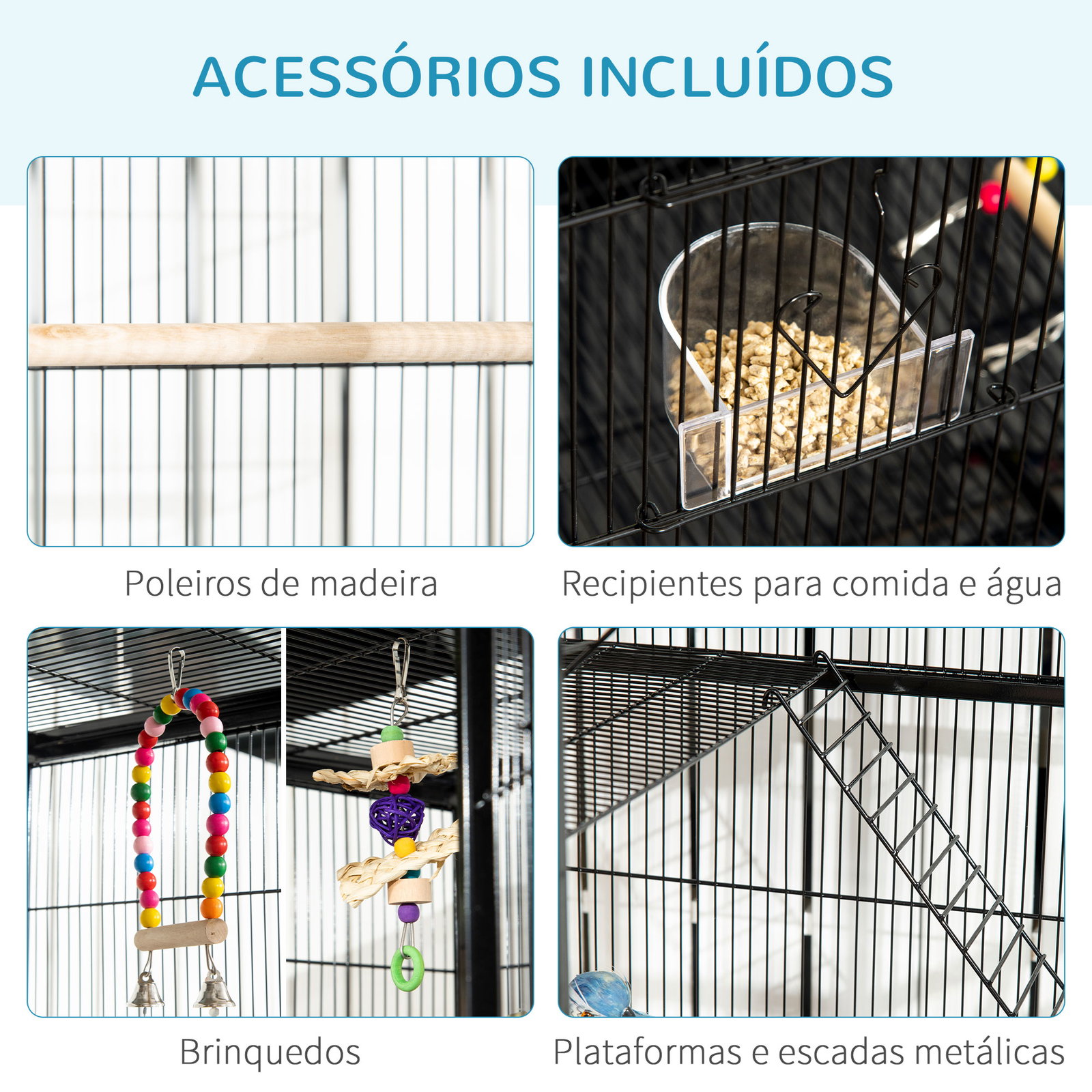 Gaiola para pássaros com rodas de 3 níveis com 3 poleiros comedouros brinquedos rampas e prateleira 83x53x180 cm preto