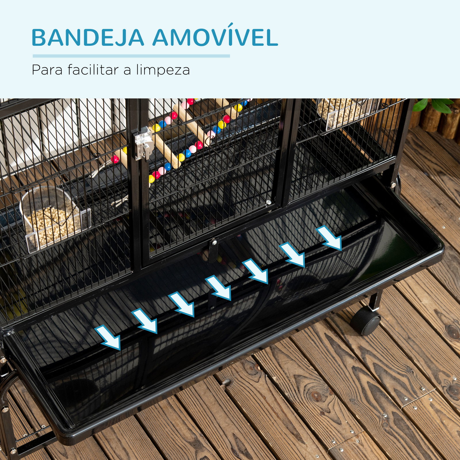 Gaiola para pássaros com rodas de 3 níveis com 3 poleiros comedouros brinquedos rampas e prateleira 83x53x180 cm preto