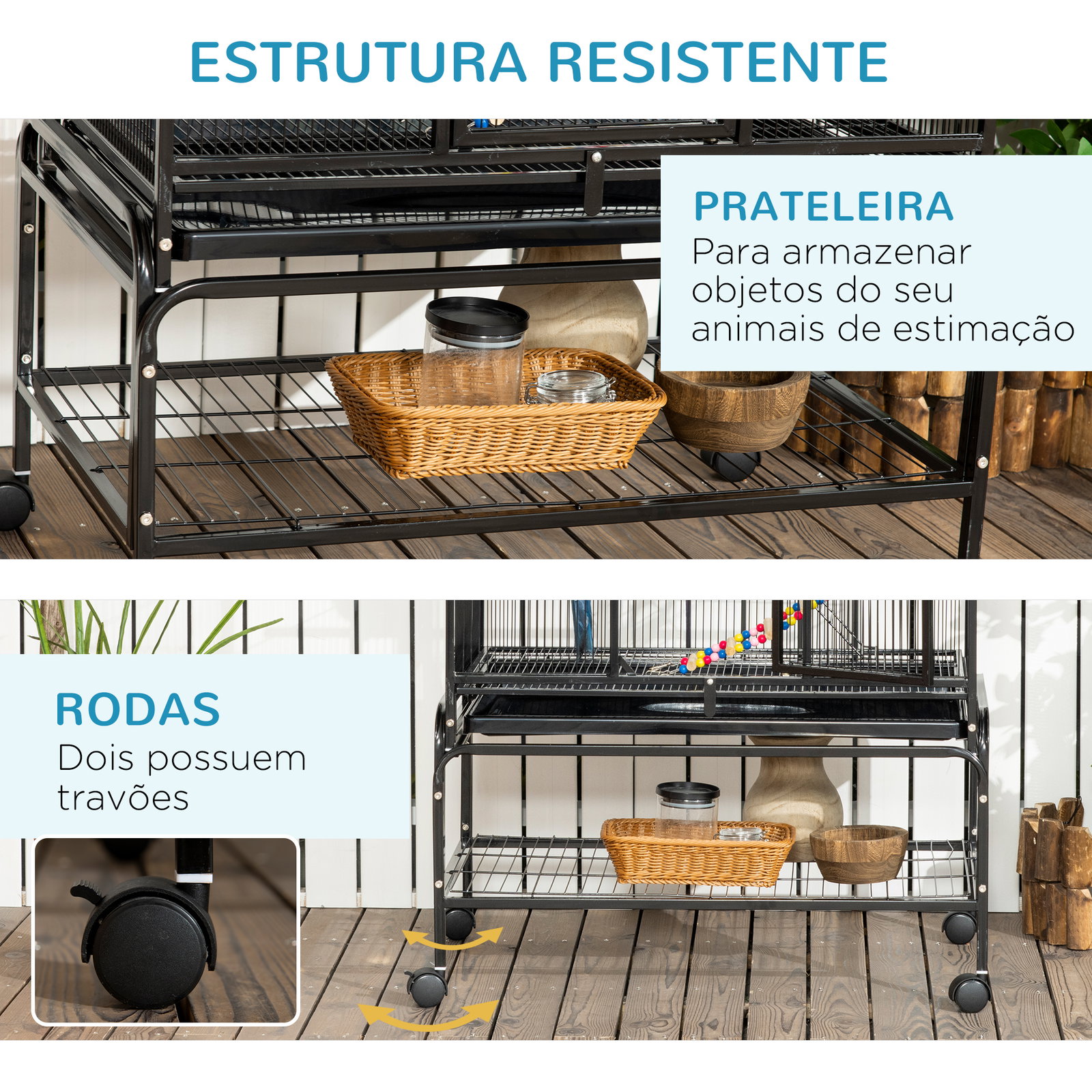 Gaiola para pássaros com rodas de 3 níveis com 3 poleiros comedouros brinquedos rampas e prateleira 83x53x180 cm preto