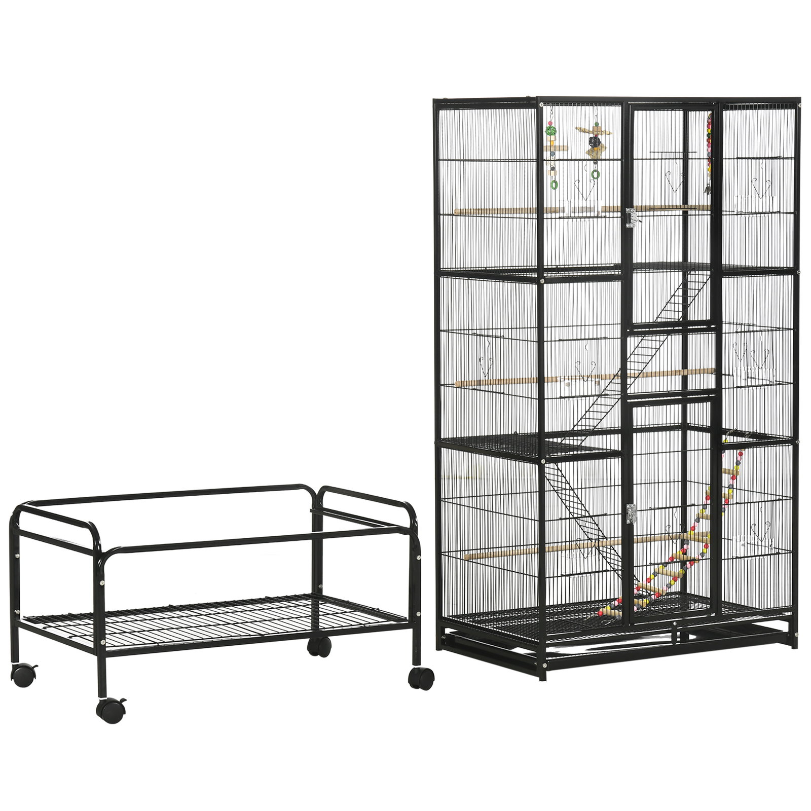Gaiola para pássaros com rodas de 3 níveis com 3 poleiros comedouros brinquedos rampas e prateleira 83x53x180 cm preto