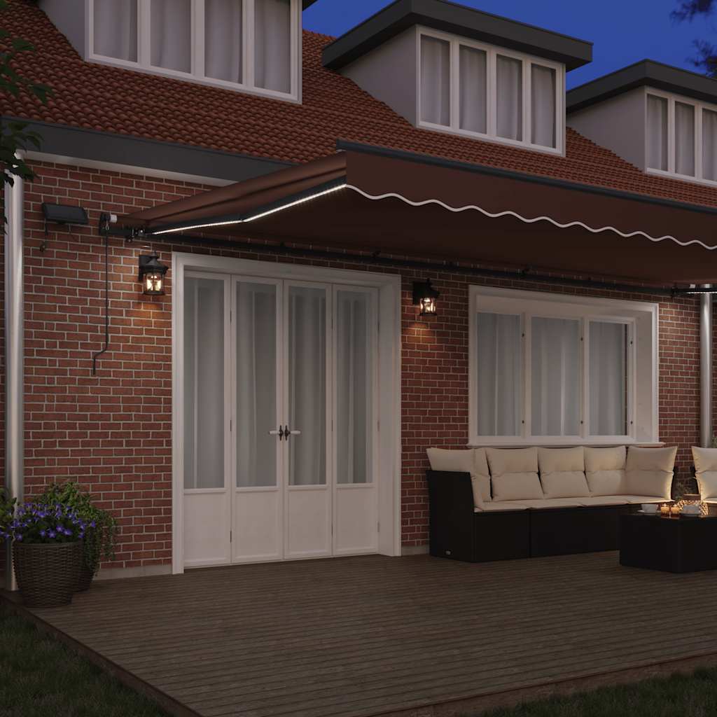 Toldo retrátil manual com luzes LED 600x300 cm castanho
