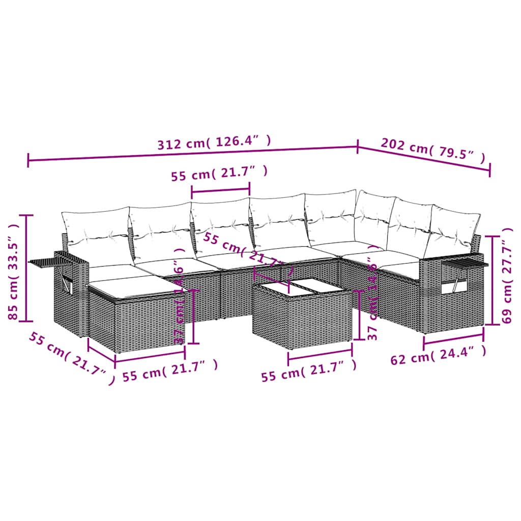 9 Pcs conjunto de sofás p/ jardim c/ almofadões vime PE preto