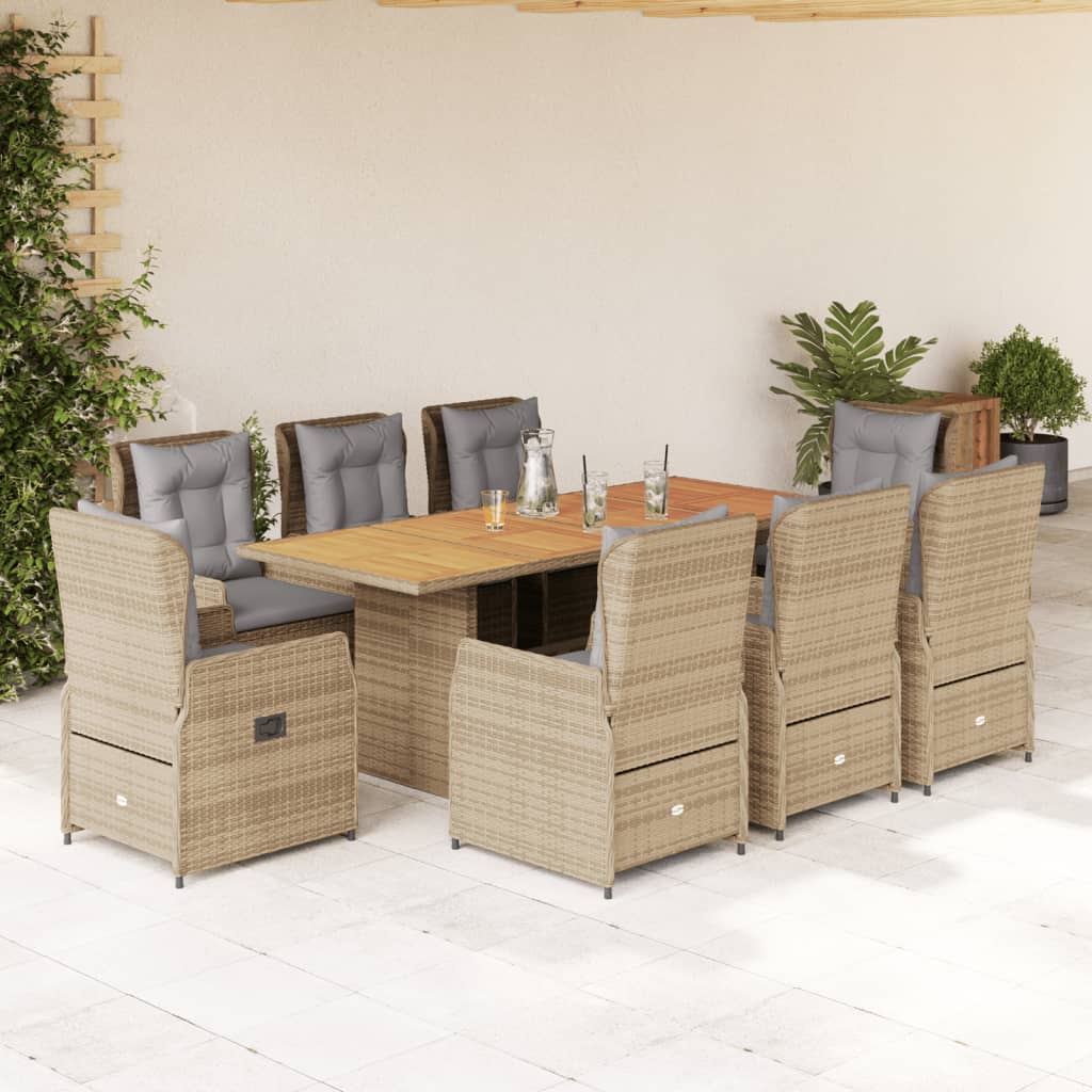 9 Pcs conjunto de jantar p/ jardim com almofadões vime PE bege