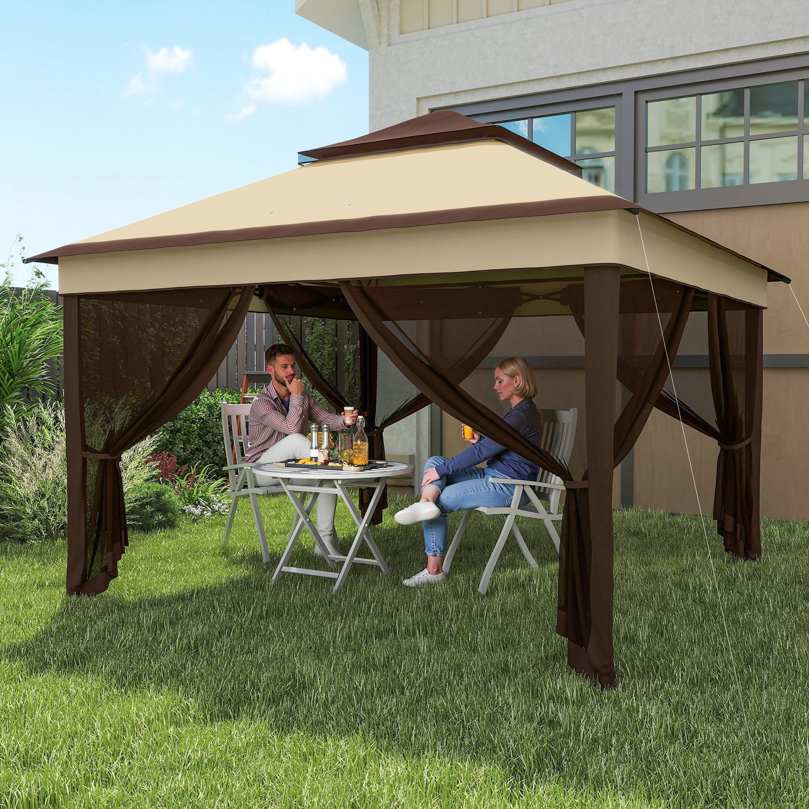 Tenda dobrável 3,26x3,26x2,72 m com altura ajustável 4 painéis de malha proteção uv30+ e bolsa de transporte cinza