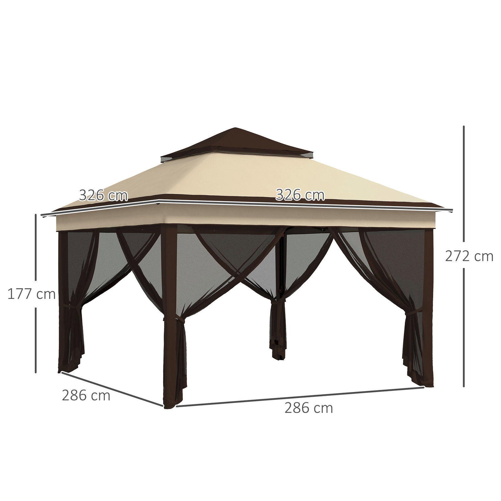 Tenda dobrável 3,26x3,26x2,72 m com altura ajustável 4 painéis de malha proteção uv30+ e bolsa de transporte cinza