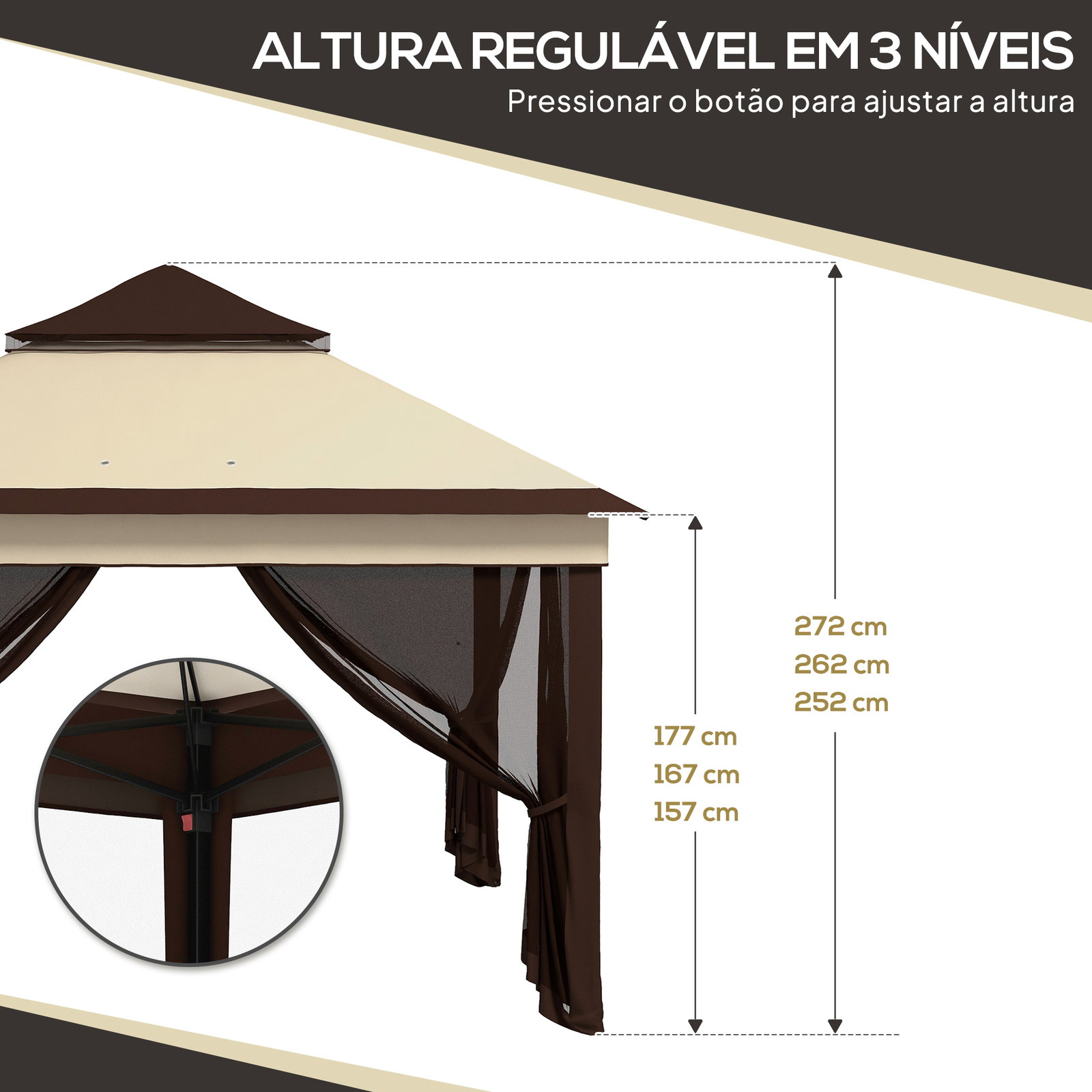 Tenda dobrável 3,26x3,26x2,72 m com altura ajustável 4 painéis de malha proteção uv30+ e bolsa de transporte cinza