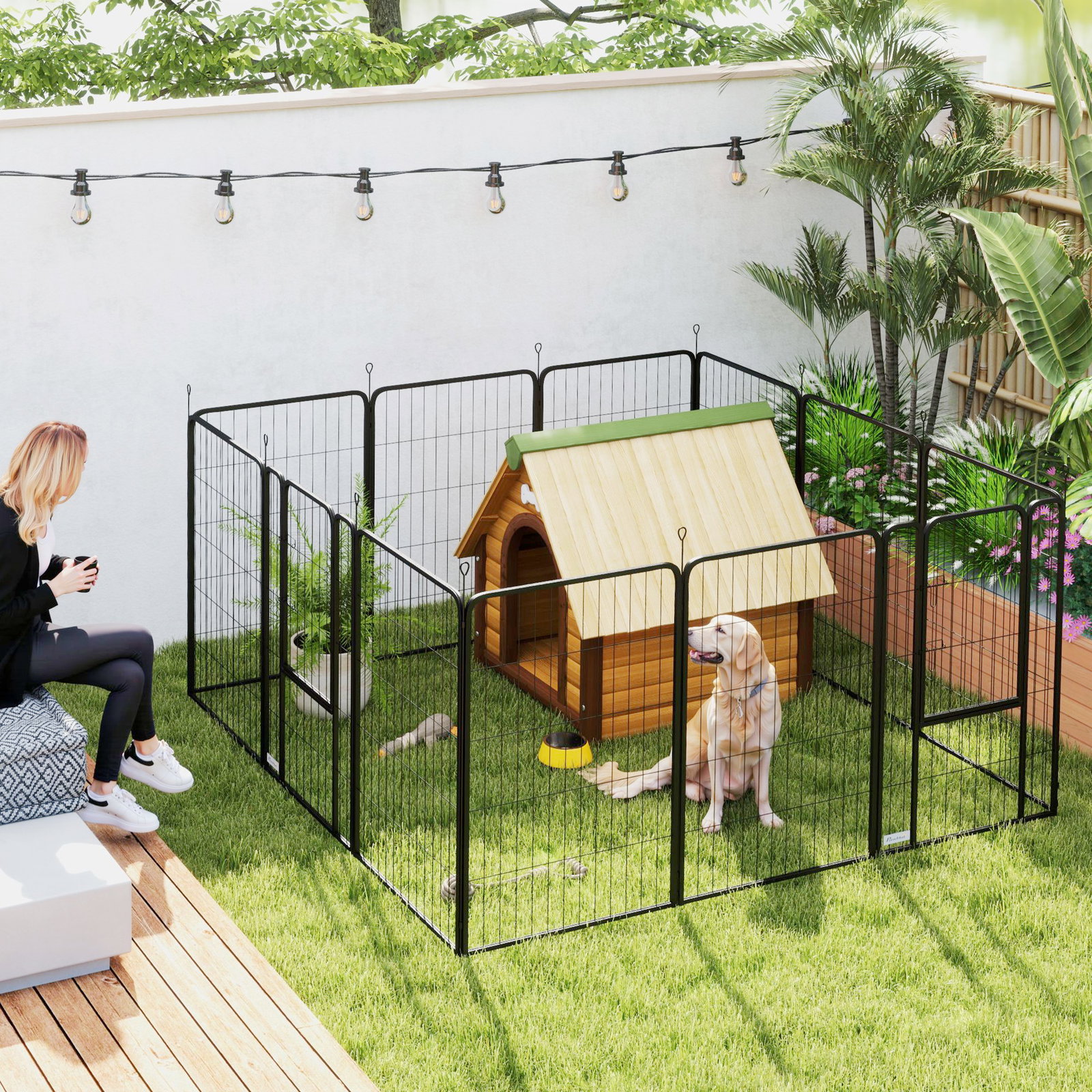 Parque para cães de 12 painéis 68x100 cm parque dobrável para cães médios com portas fecho e estacas preto