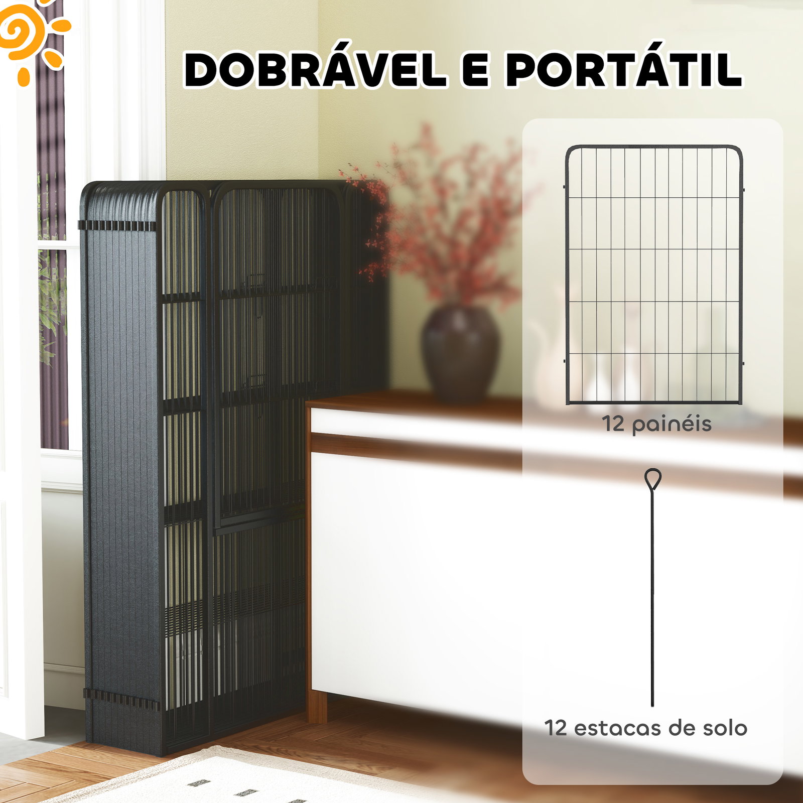 Parque para cães de 12 painéis 68x100 cm parque dobrável para cães médios com portas fecho e estacas preto