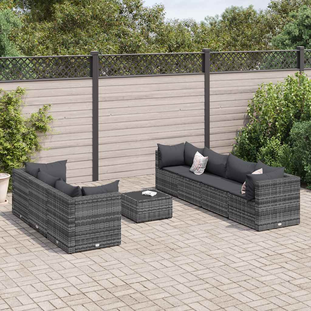 8 Pcs conjunto lounge de jardim c/ almofadões vime PE cinzento
