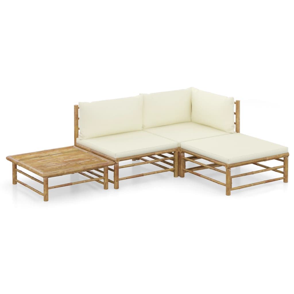 4 Pcs conj. lounge p/ jardim em bambu c/ almofadões branco nata