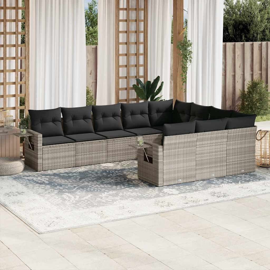 10 Pcs conj. sofás jardim com almofadões vime PE cinzento-claro