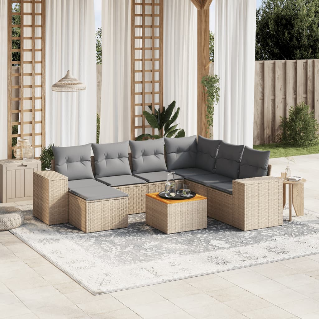 8 Pcs conjunto de sofás p/ jardim com almofadões vime PE bege