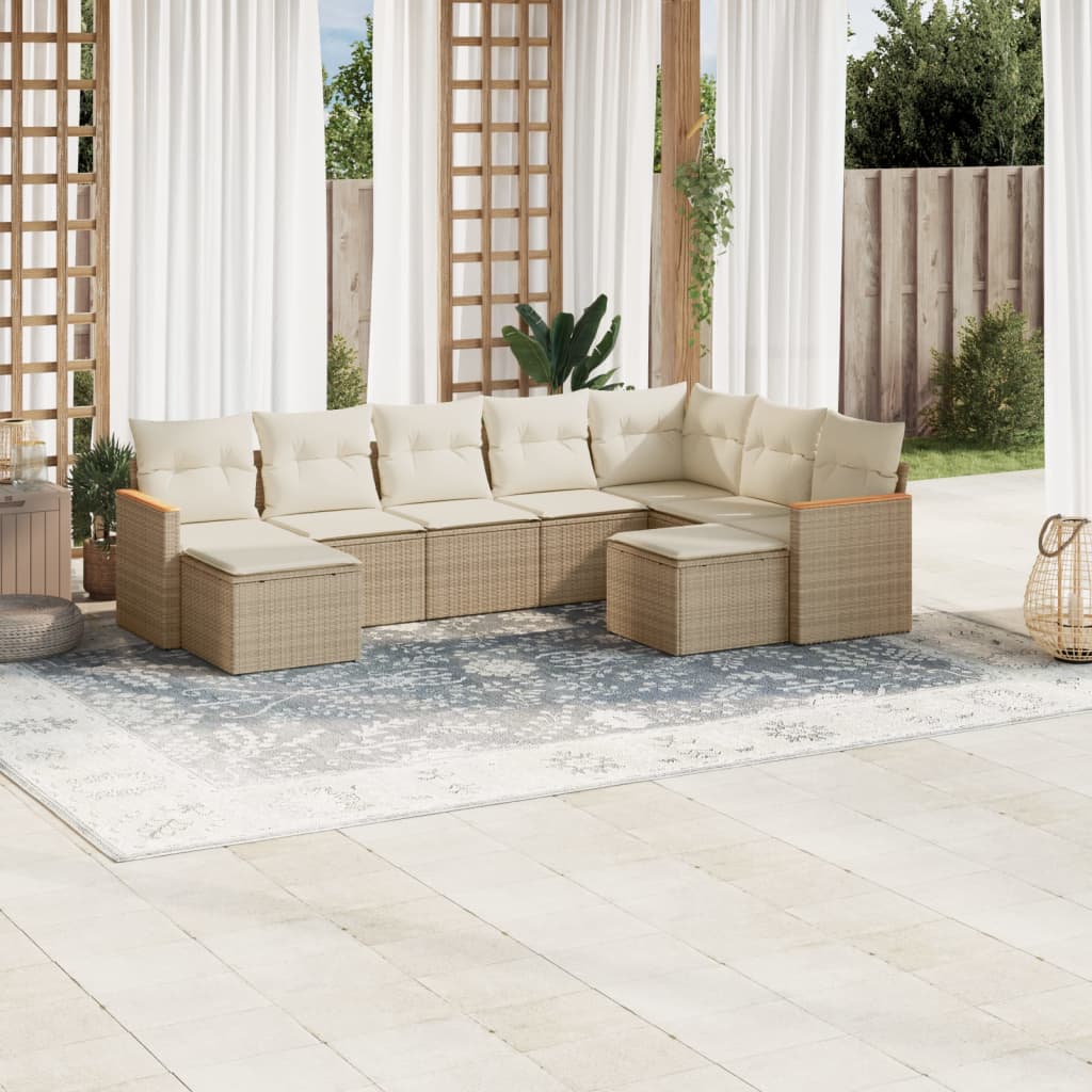 9 Pcs conjunto de sofás p/ jardim com almofadões vime PE bege