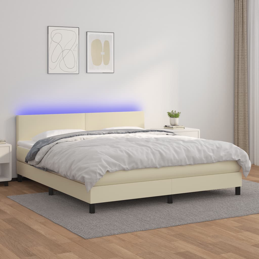 Cama box spring c/ colchão/LED 160x200cm couro artificial creme