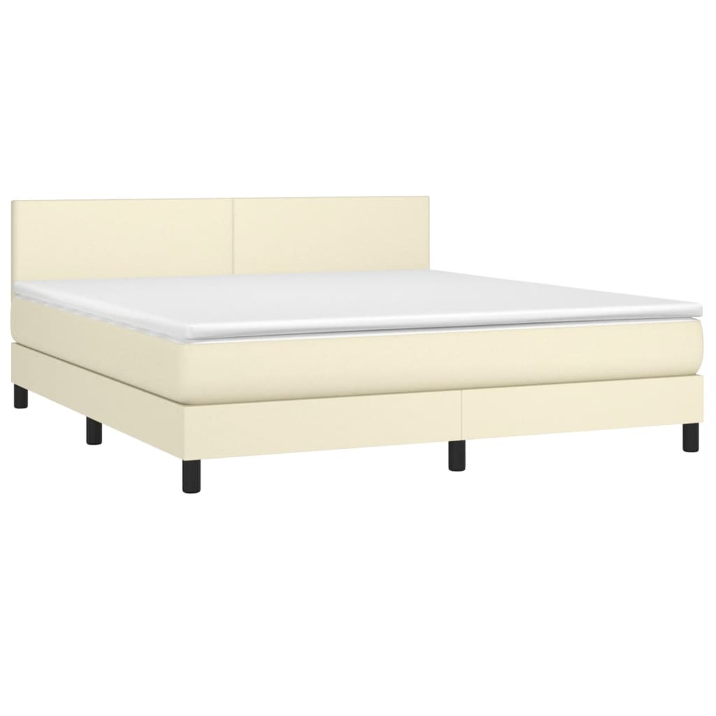 Cama box spring c/ colchão/LED 160x200cm couro artificial creme