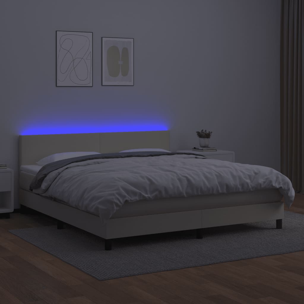 Cama box spring c/ colchão/LED 160x200cm couro artificial creme