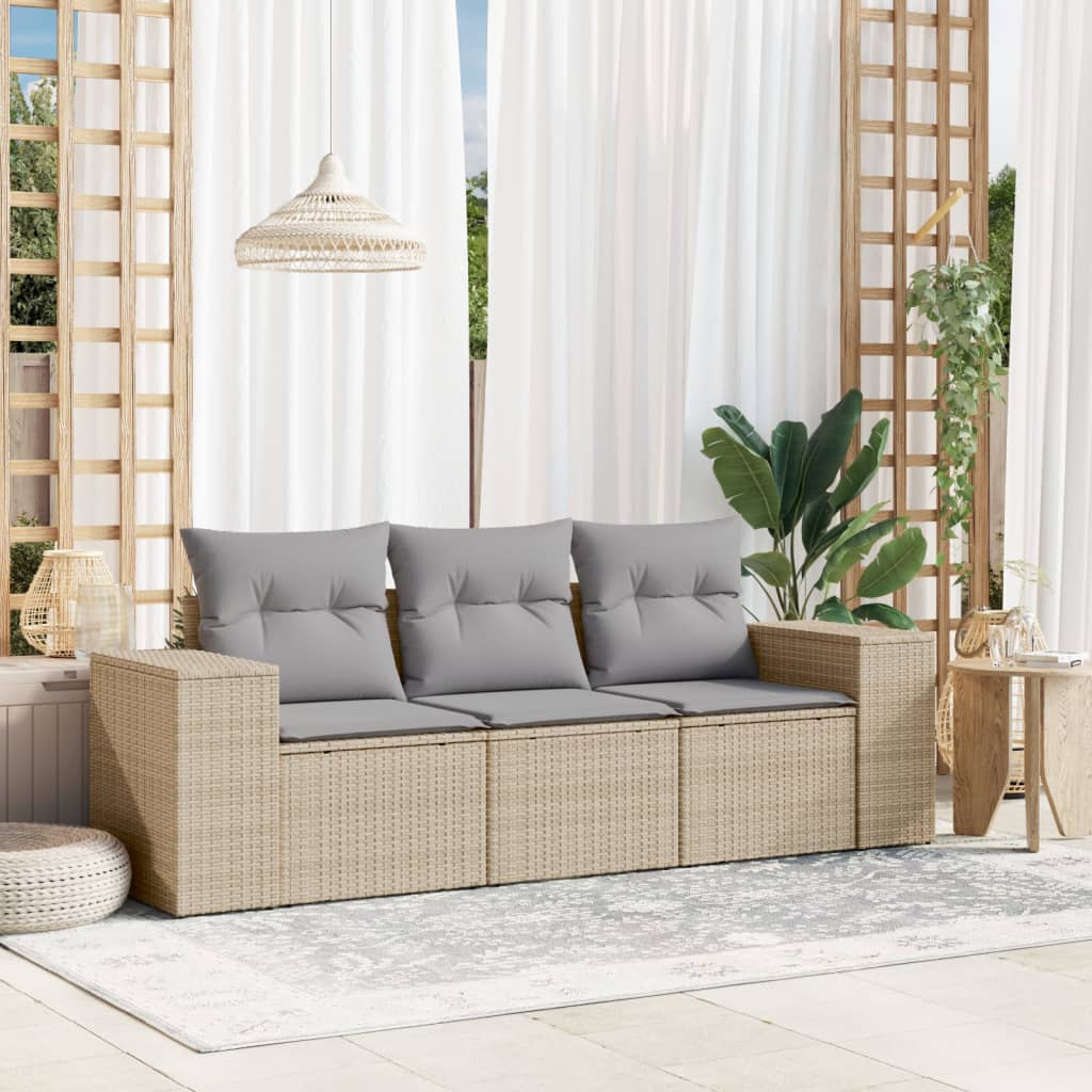 3 Pcs conjunto de sofás p/ jardim com almofadões vime PE bege