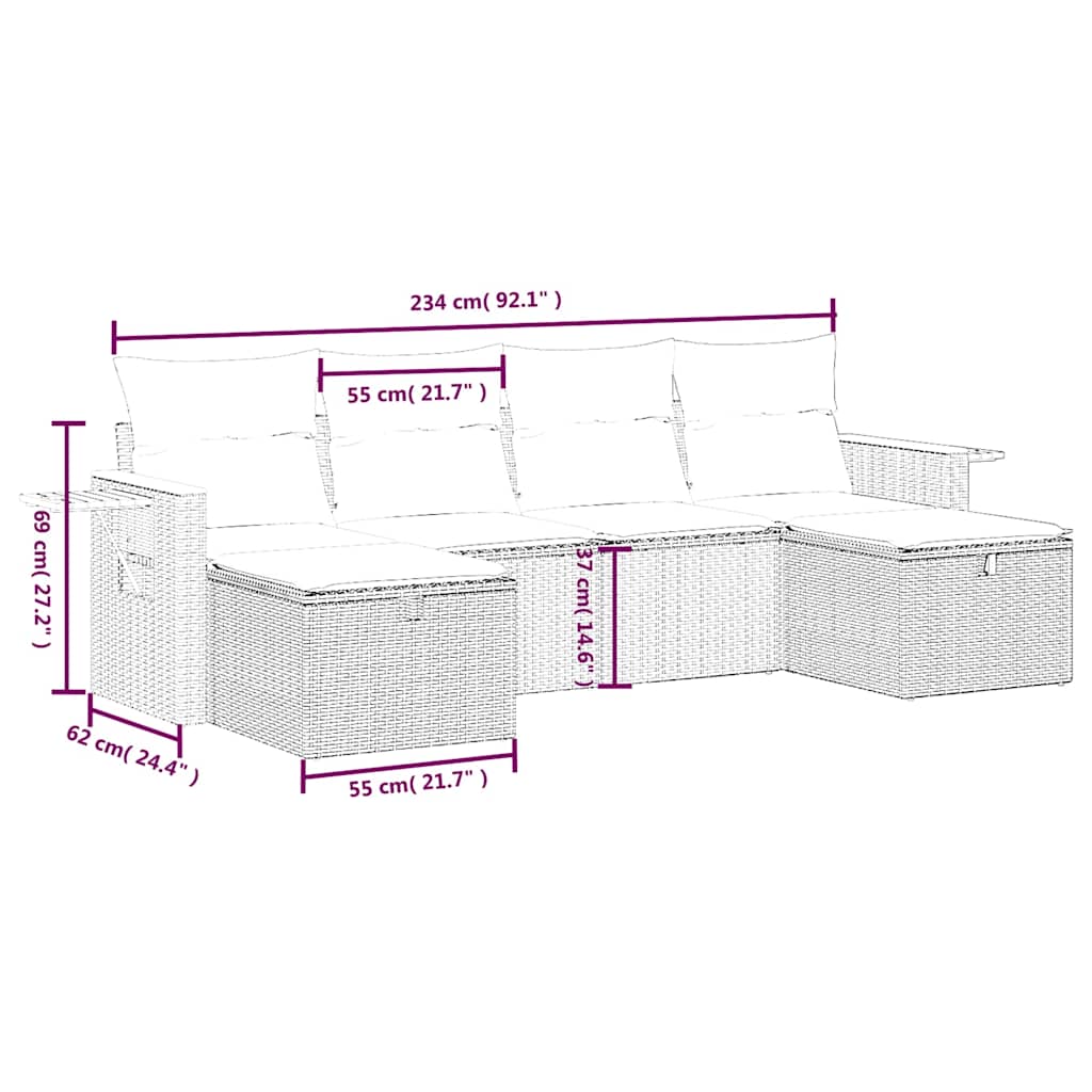 6 Pcs conjunto sofás de jardim c/ almofadões vime PE preto