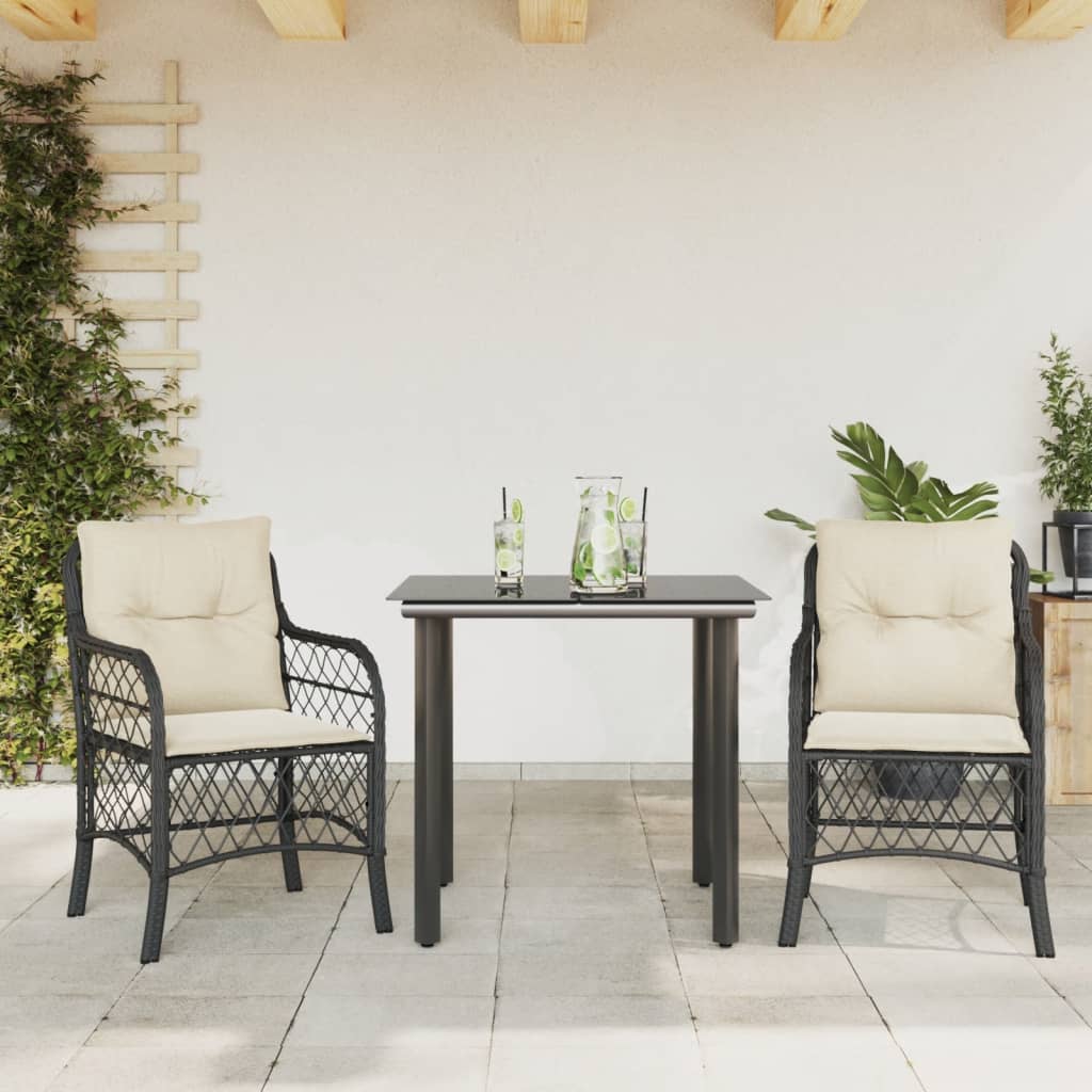 3 Pcs conjunto de bistrô com almofadões vime PE preto