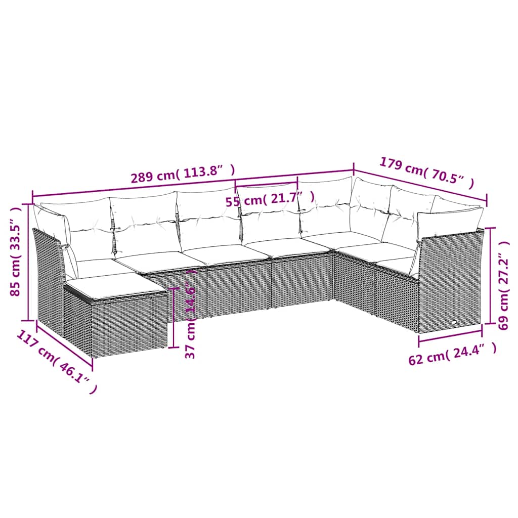 8 Pcs conjunto sofás de jardim com almofadões vime PE preto