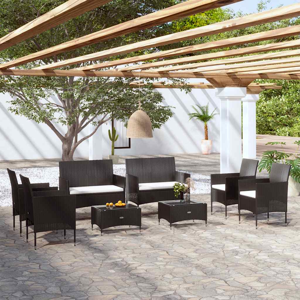 8 Pcs conjunto lounge de jardim c/ almofadões vime PE preto