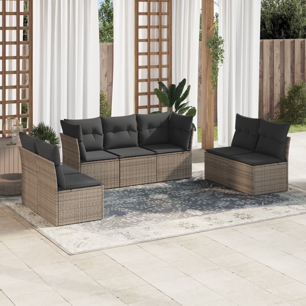7 Pcs conjunto sofás p/ jardim c/ almofadões vime PE cinzento