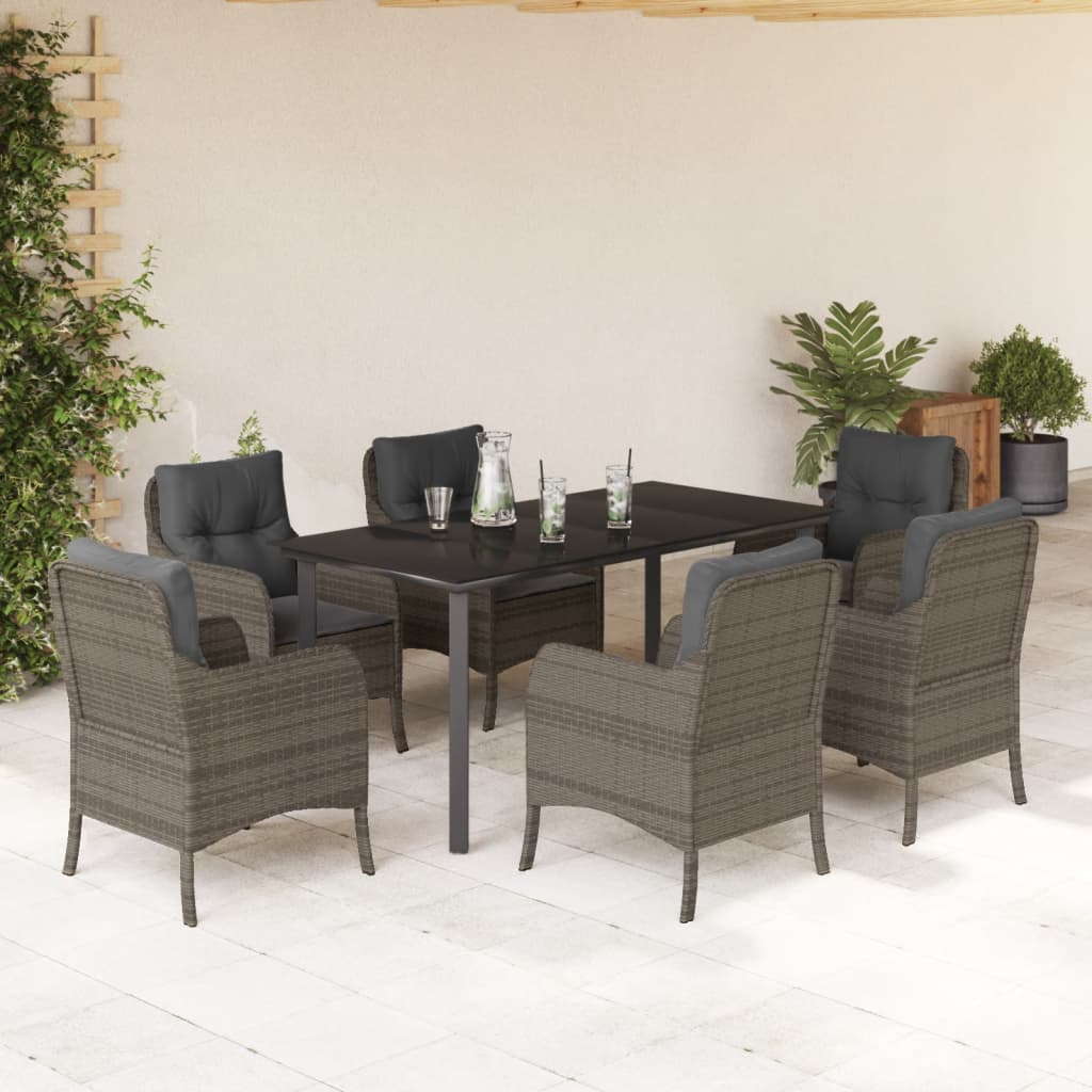 7 Pcs conjunto de jantar p/ jardim c/ almofadões vime PE cinza