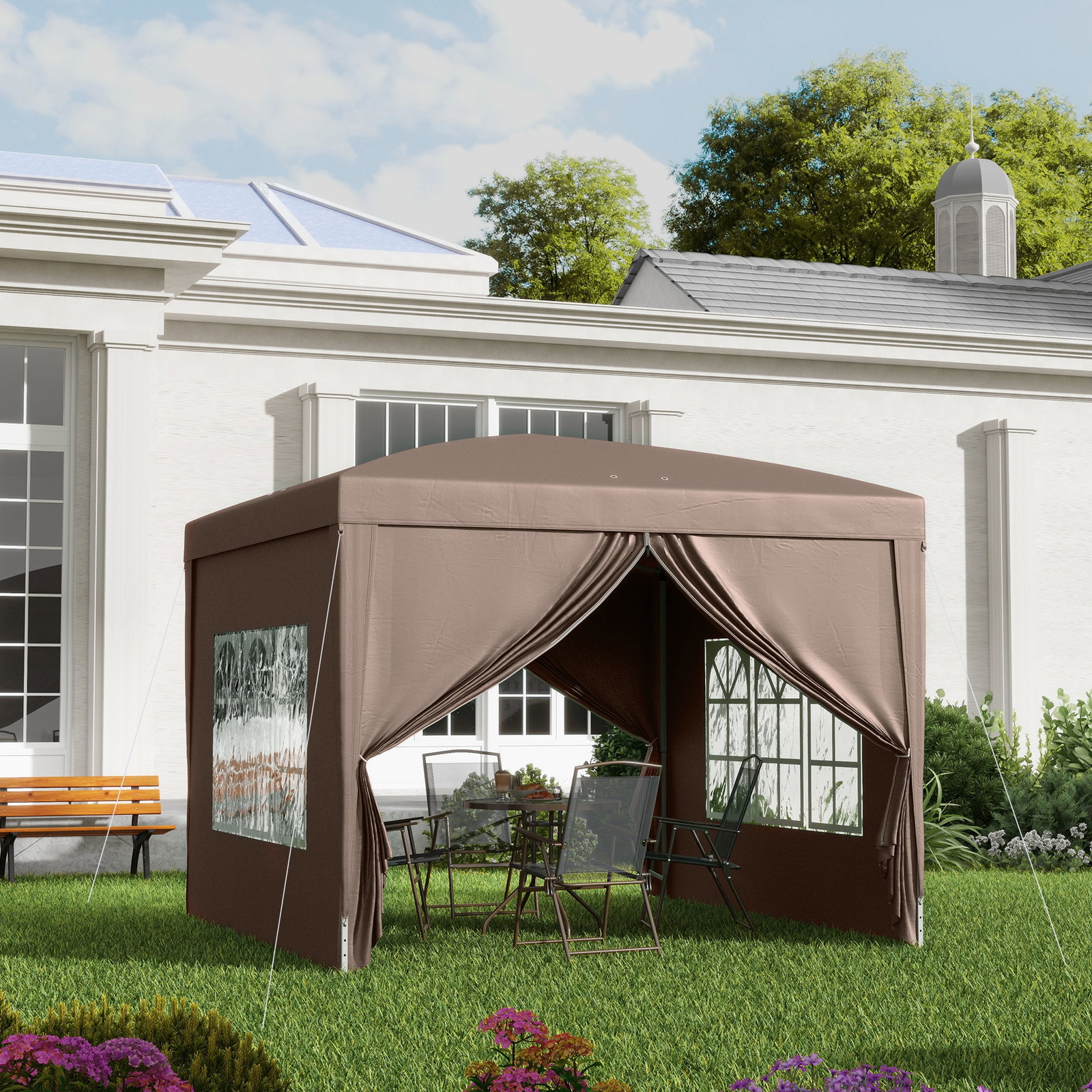Tenda de jardim com paredes laterais amovíveis janelas porta com fecho de correr e bolsa de transporte 295x295x196-258 cm café