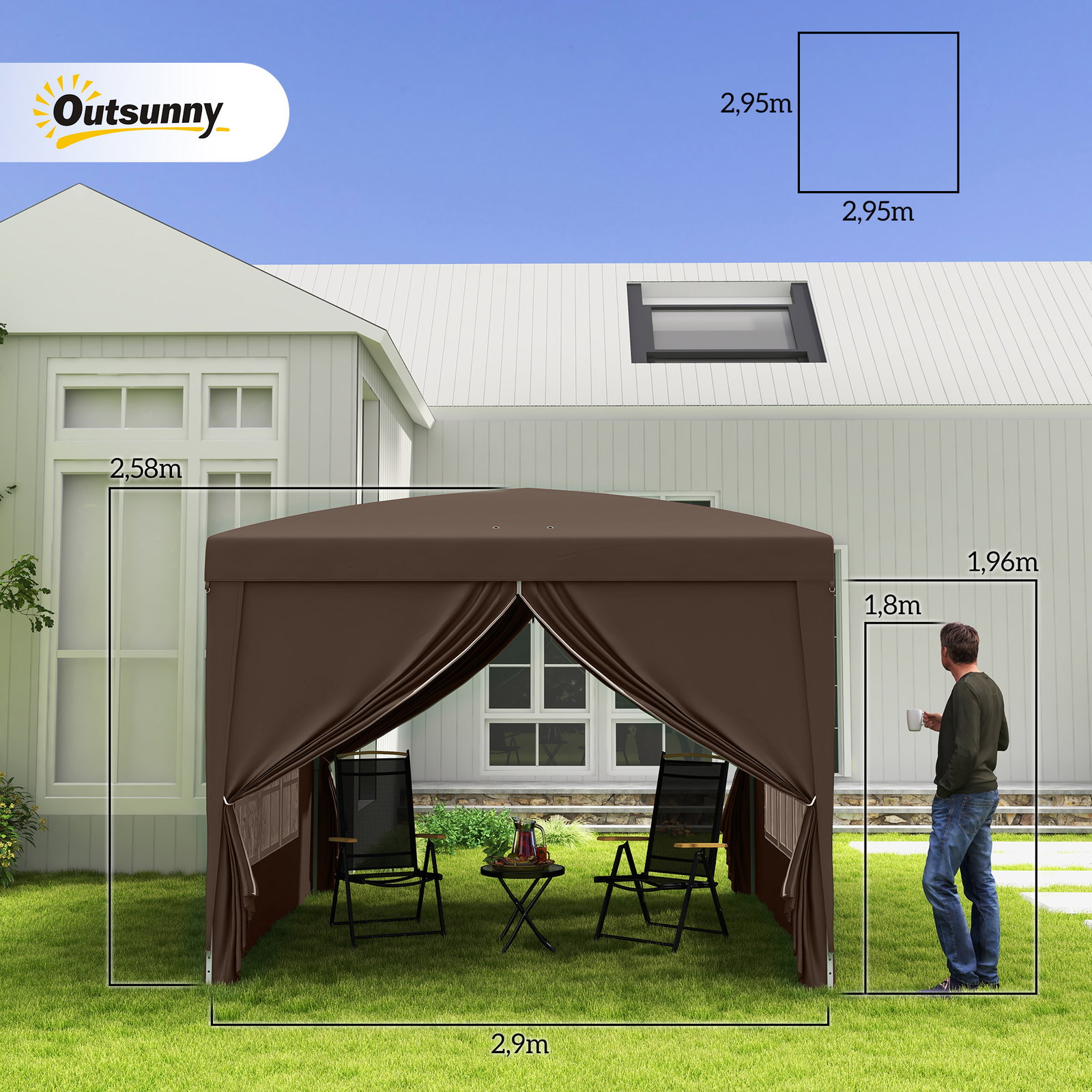 Tenda de jardim com paredes laterais amovíveis janelas porta com fecho de correr e bolsa de transporte 295x295x196-258 cm café