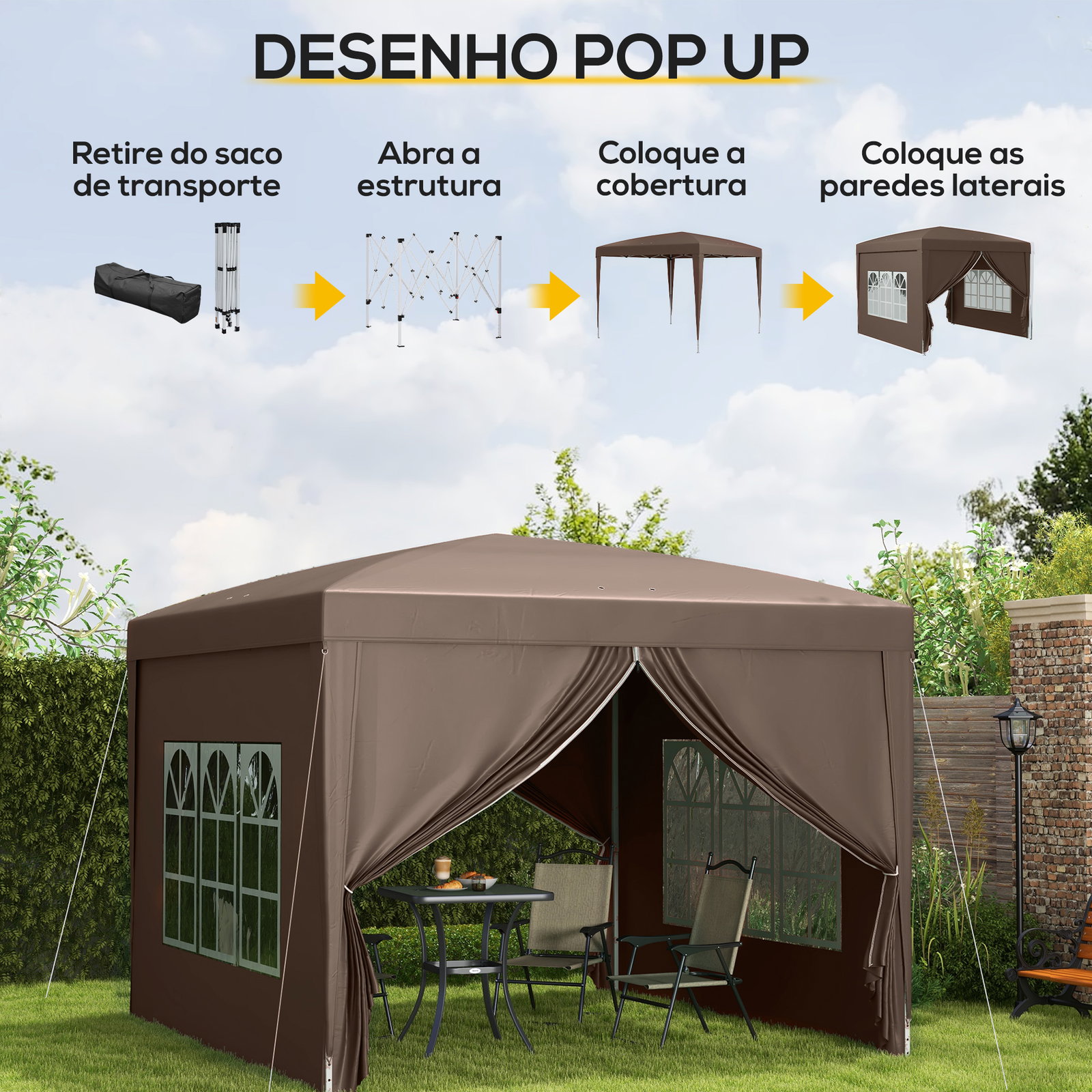 Tenda de jardim com paredes laterais amovíveis janelas porta com fecho de correr e bolsa de transporte 295x295x196-258 cm café