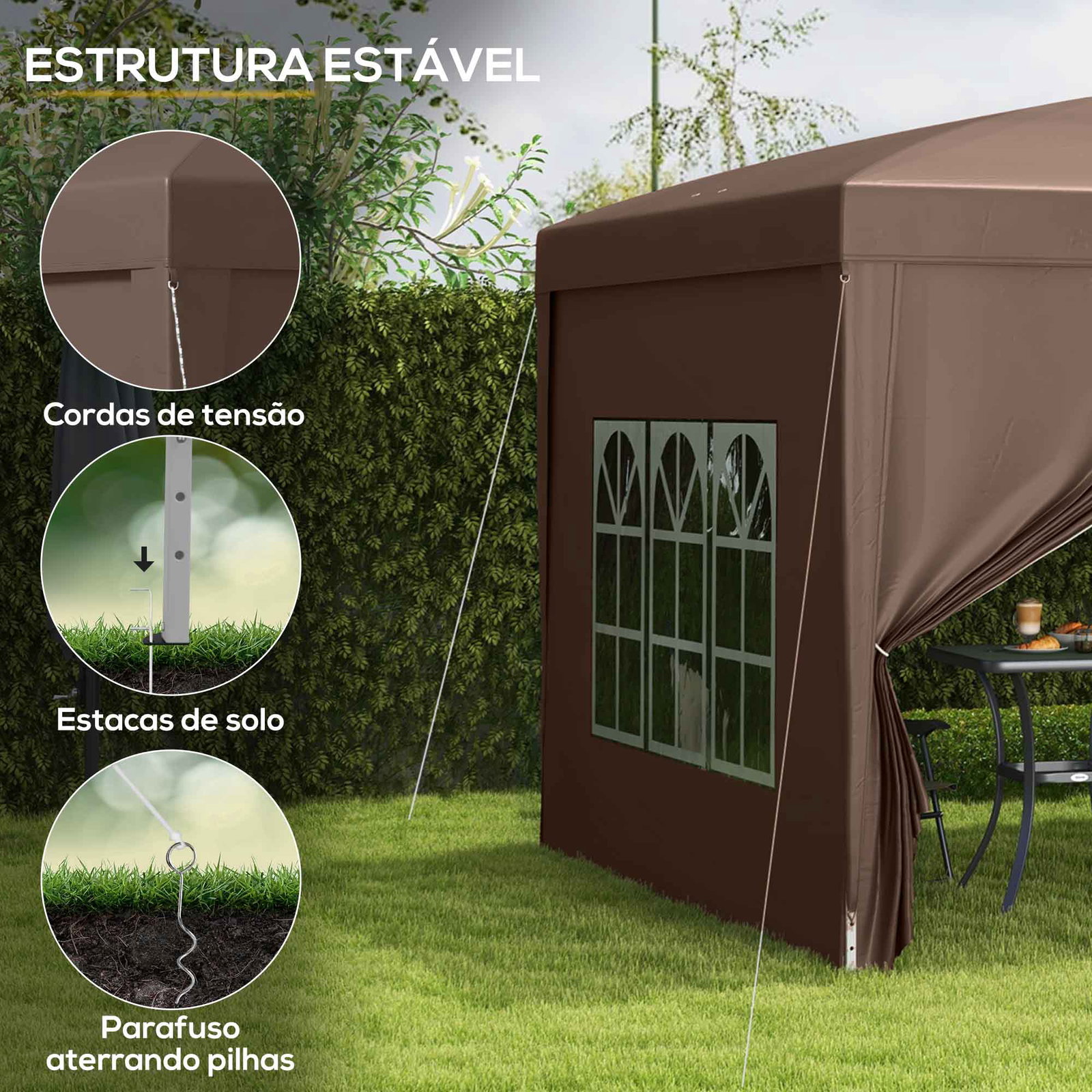 Tenda de jardim com paredes laterais amovíveis janelas porta com fecho de correr e bolsa de transporte 295x295x196-258 cm café