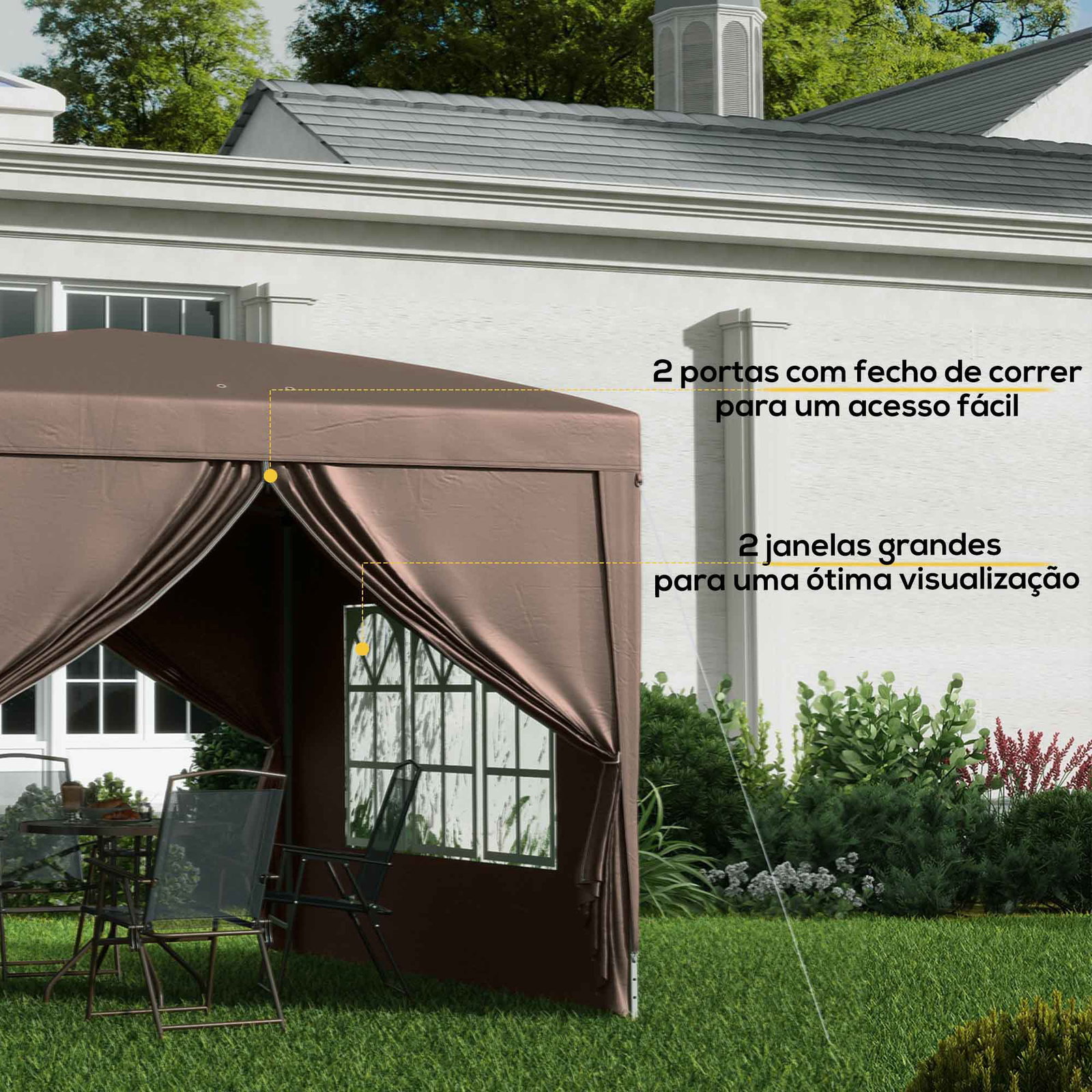 Tenda de jardim com paredes laterais amovíveis janelas porta com fecho de correr e bolsa de transporte 295x295x196-258 cm café
