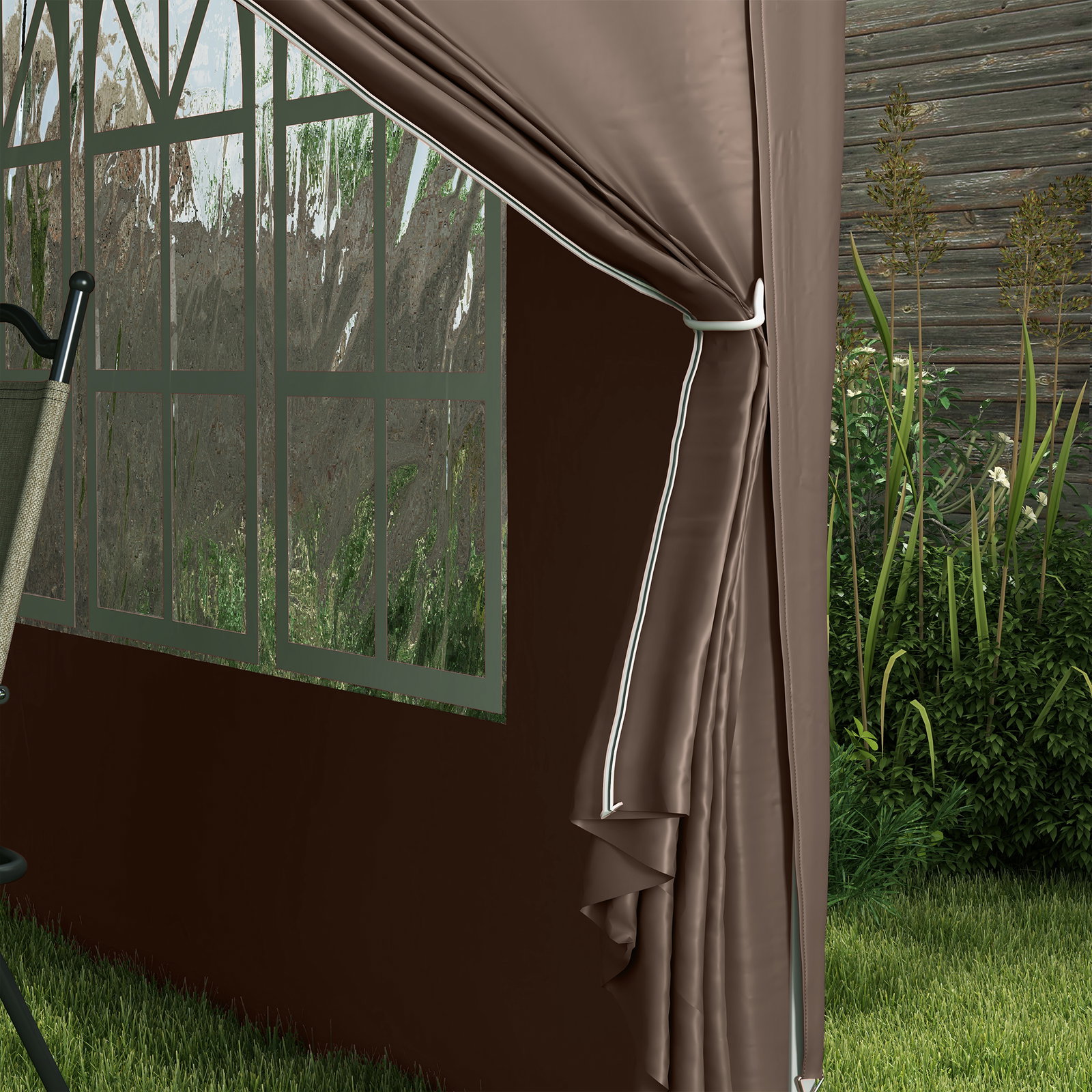Tenda de jardim com paredes laterais amovíveis janelas porta com fecho de correr e bolsa de transporte 295x295x196-258 cm café