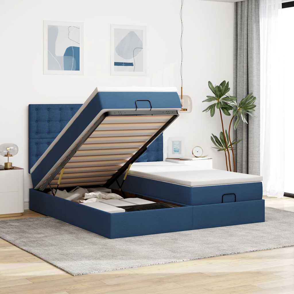 Estrutura de cama otomana com colchões 180x200cm tecido azul