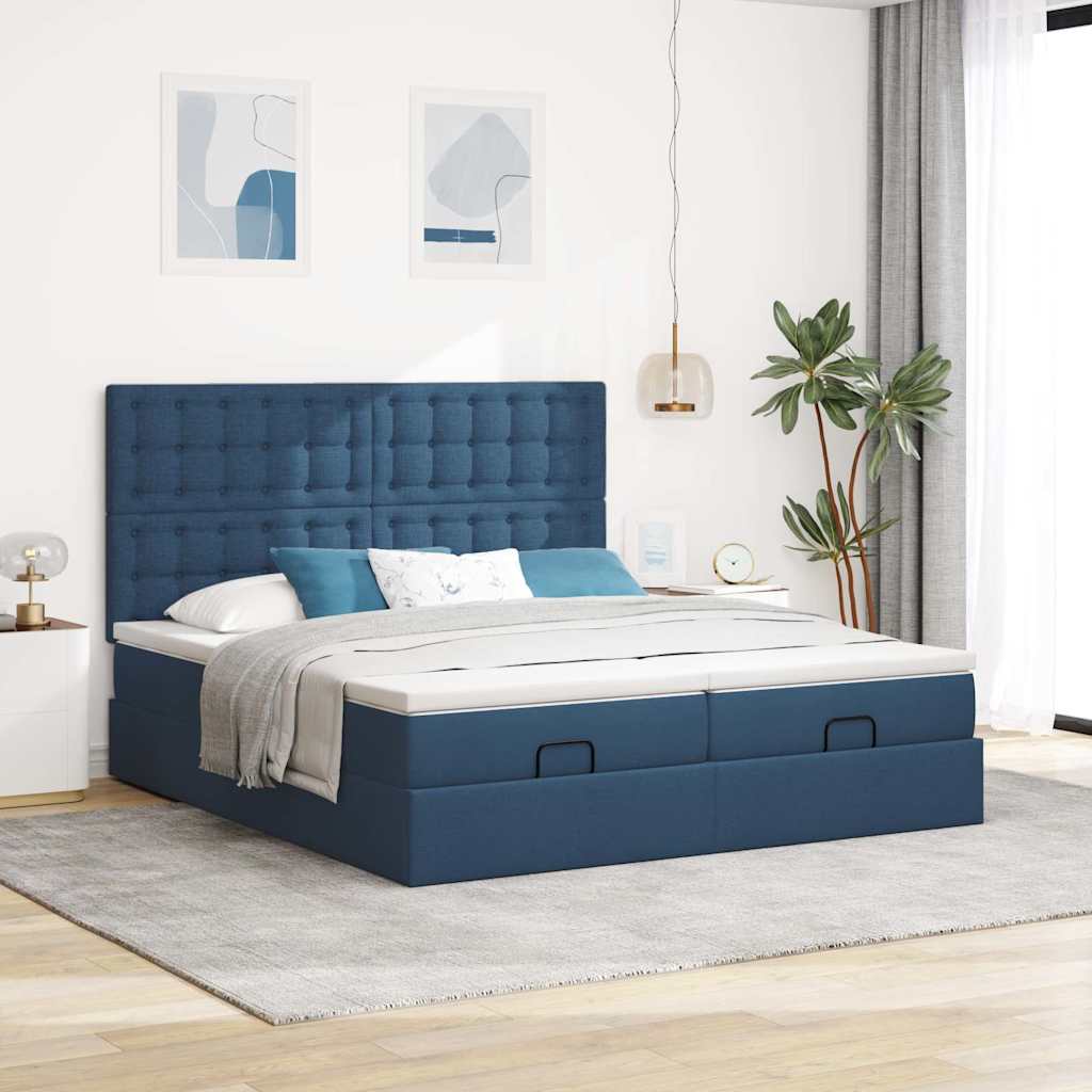Estrutura de cama otomana com colchões 180x200cm tecido azul