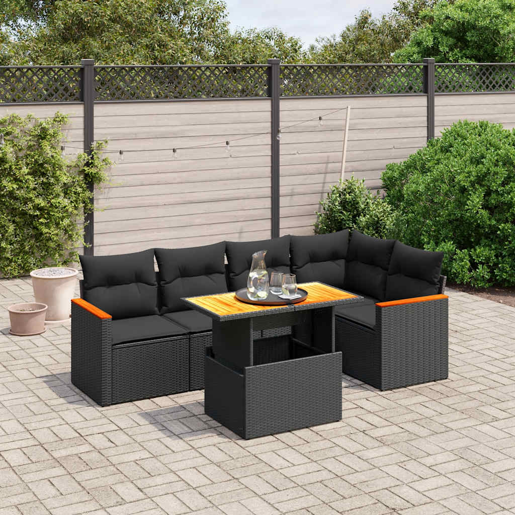 6 Pcs conjunto sofás de jardim c/ almofadões vime PE preto