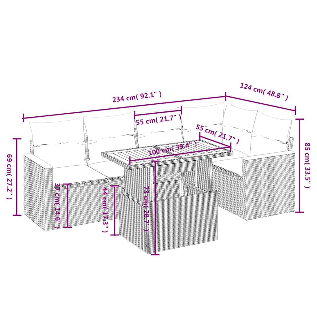 6 Pcs conjunto sofás de jardim c/ almofadões vime PE preto