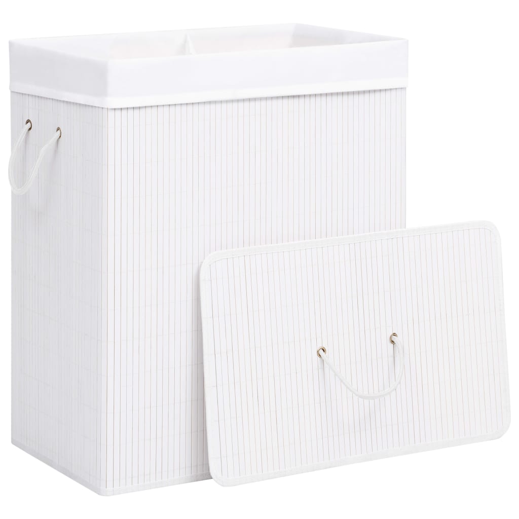 Cesto para roupa suja c/ 2 secções 100 l bambu branco