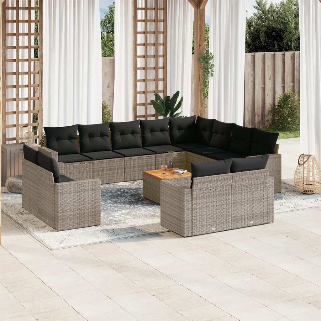 13 Pcs conjunto sofás p/ jardim c/ almofadões vime PE cinzento