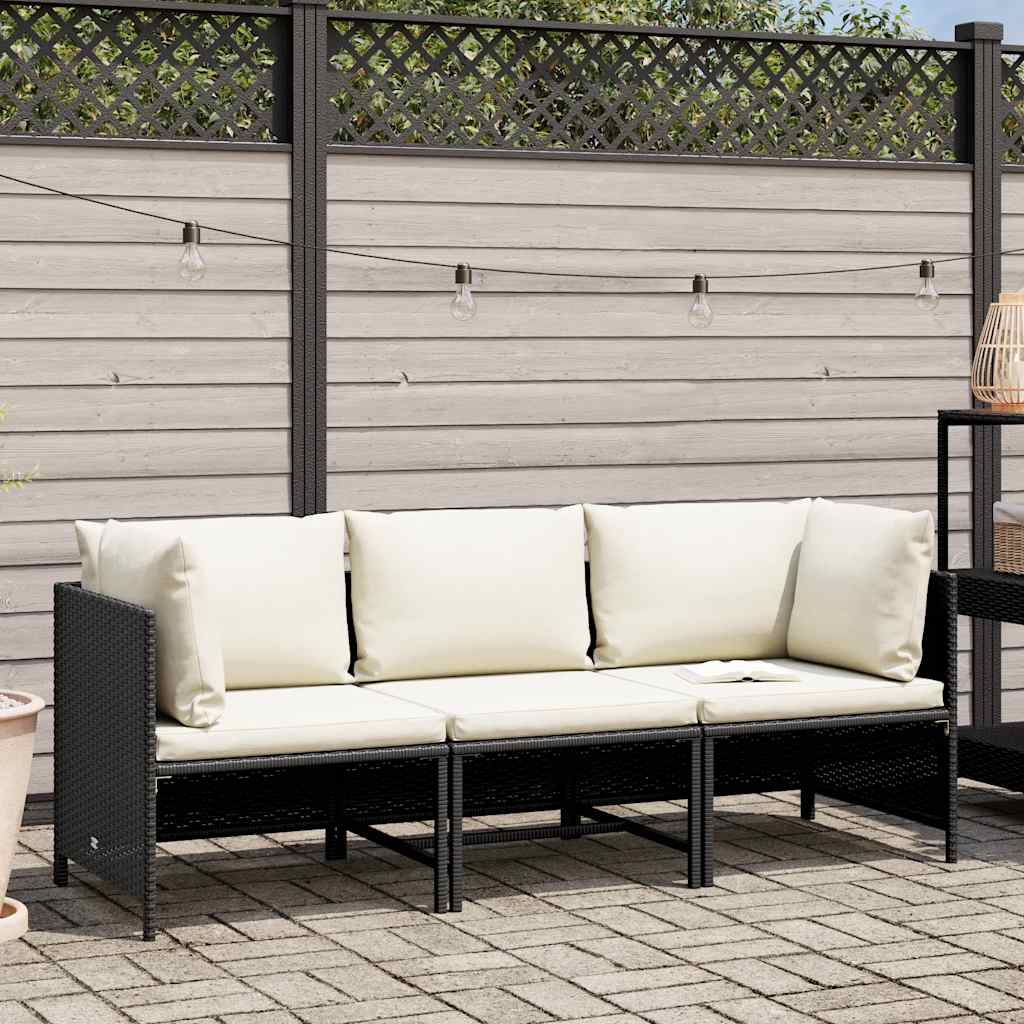 Sofá de jardim 3 lugares com almofadões vime PE preto